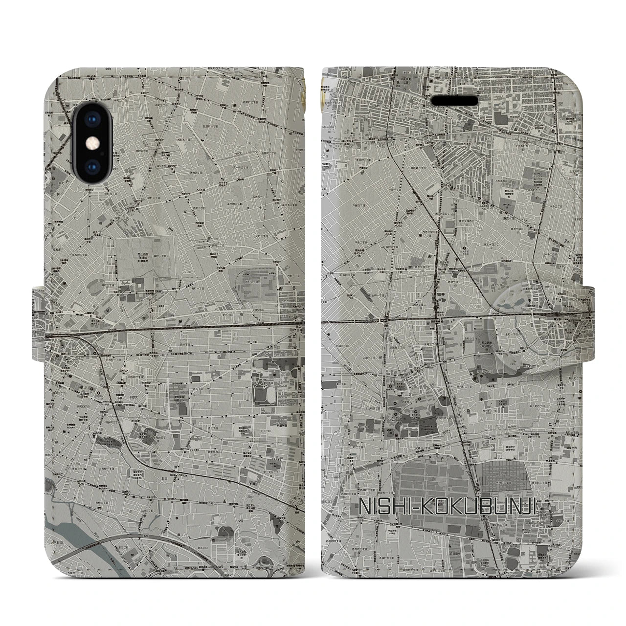 【西国分寺(東京都)】地図柄iPhoneケース(手帳タイプ)モノトーン・iPhone XS / X 用