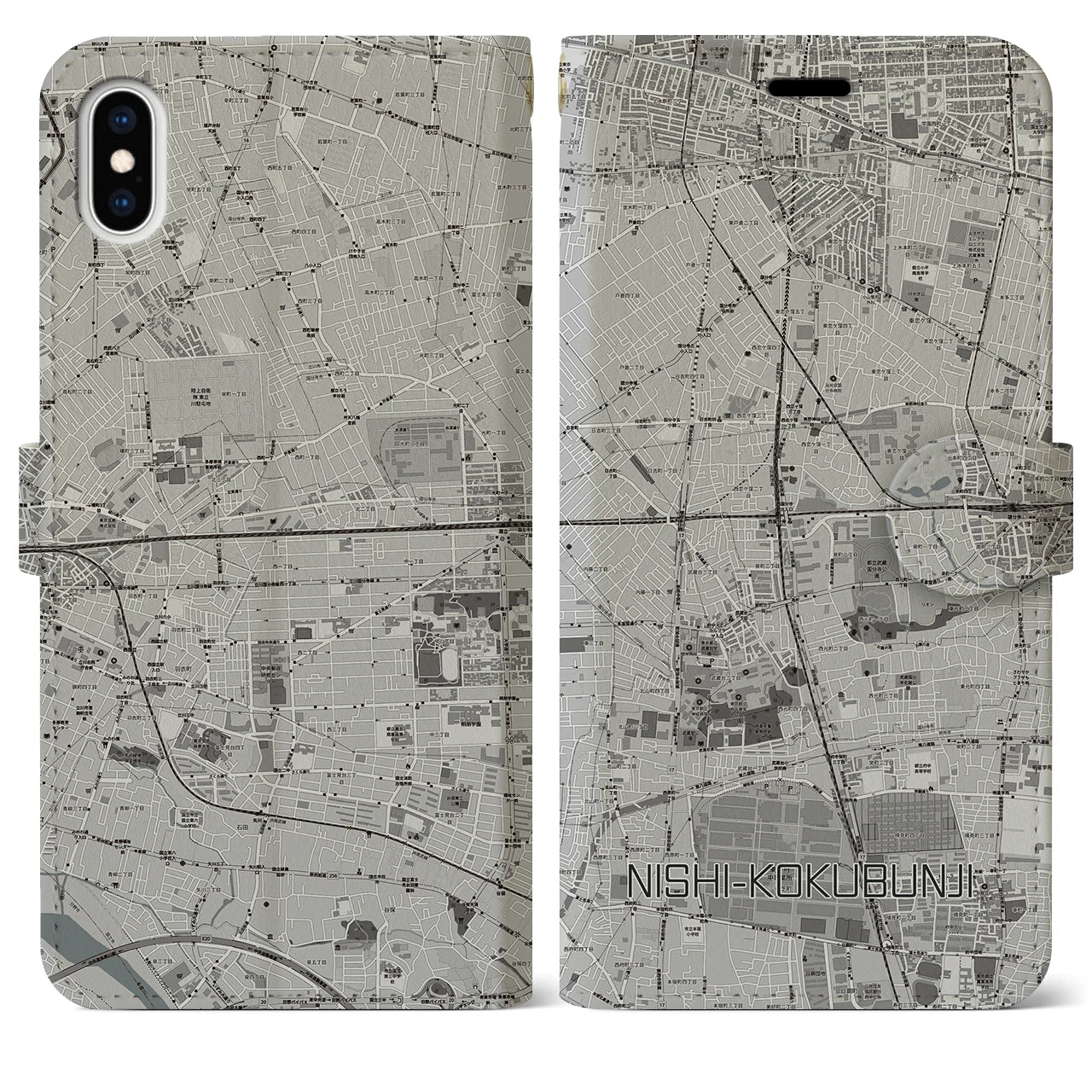 【西国分寺(東京都)】地図柄iPhoneケース(手帳タイプ)モノトーン・iPhone XS Max 用