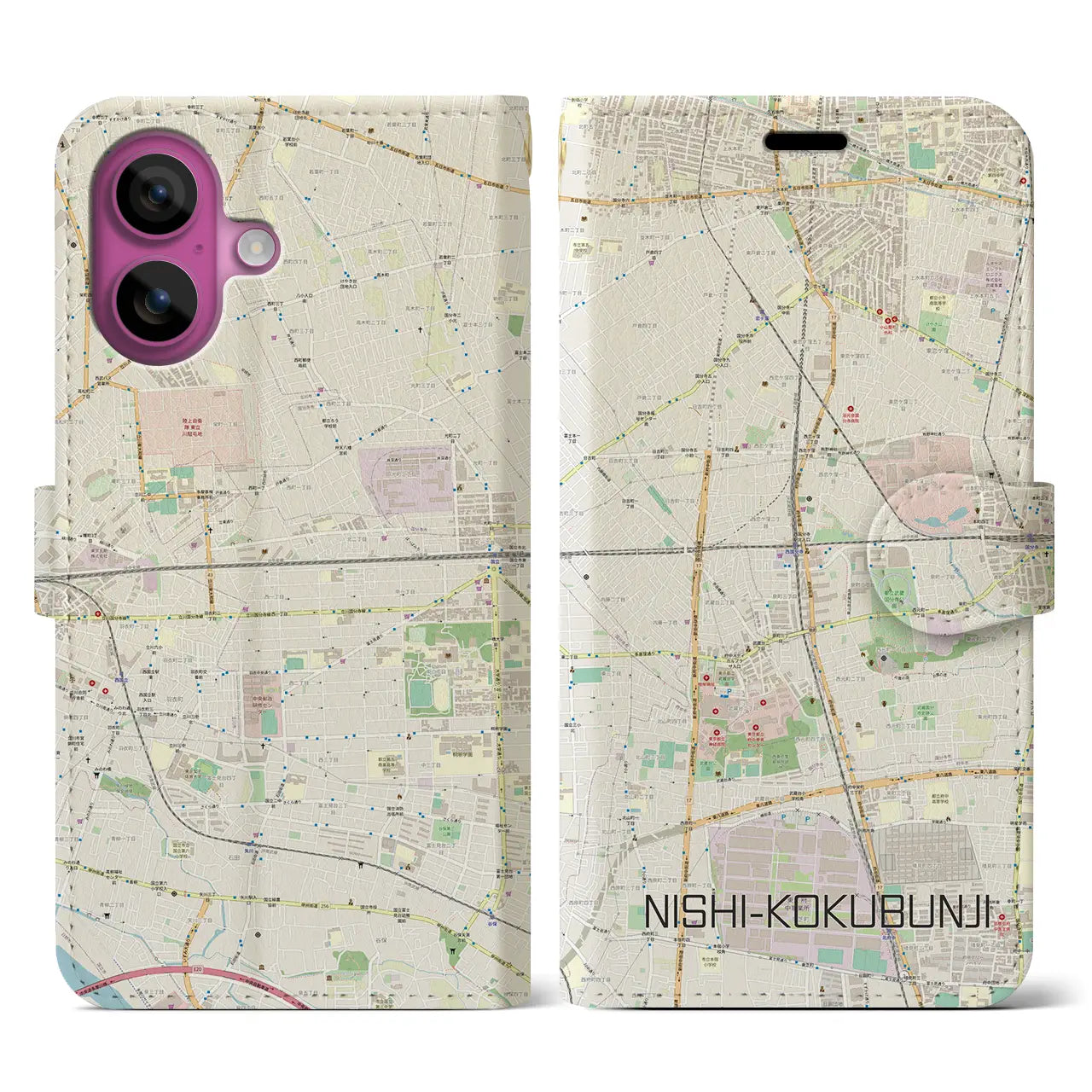 【西国分寺(東京都)】地図柄iPhoneケース(手帳タイプ)ナチュラル・iPhone 16 Pro 用