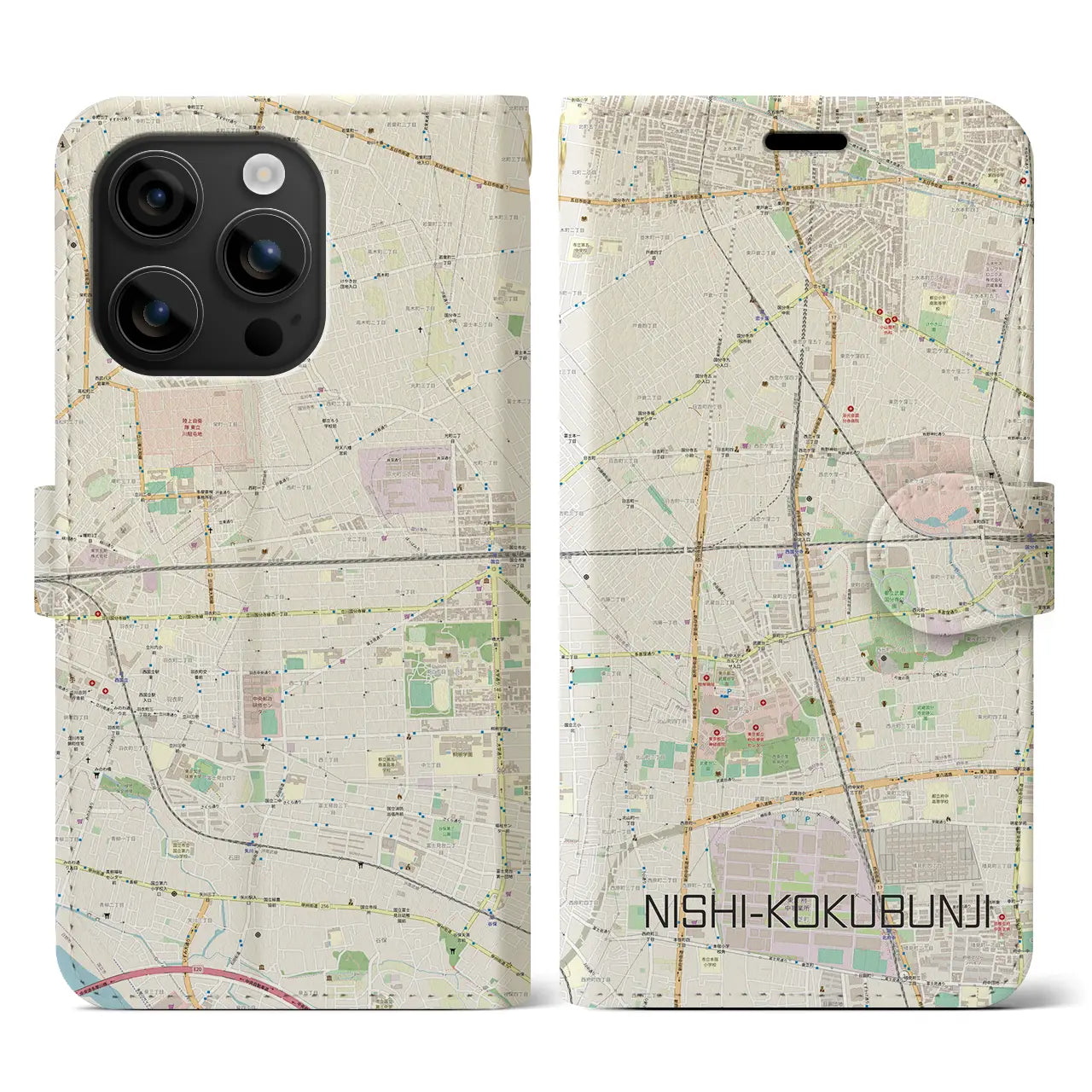 【西国分寺(東京都)】地図柄iPhoneケース(手帳タイプ)ナチュラル・iPhone 16 用