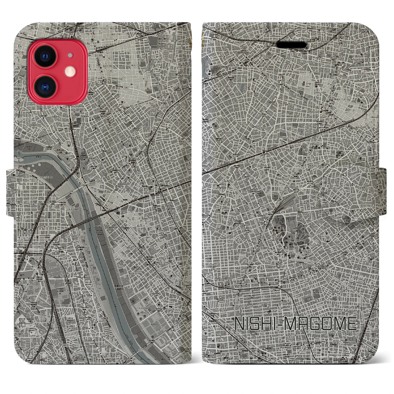 【西馬込(東京都)】地図柄iPhoneケース(手帳タイプ)モノトーン・iPhone 11 用