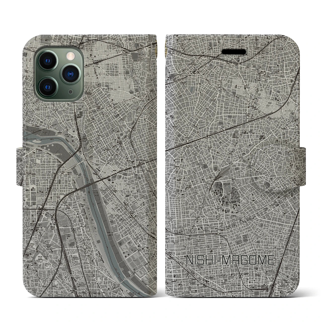 【西馬込(東京都)】地図柄iPhoneケース(手帳タイプ)モノトーン・iPhone 11 Pro 用