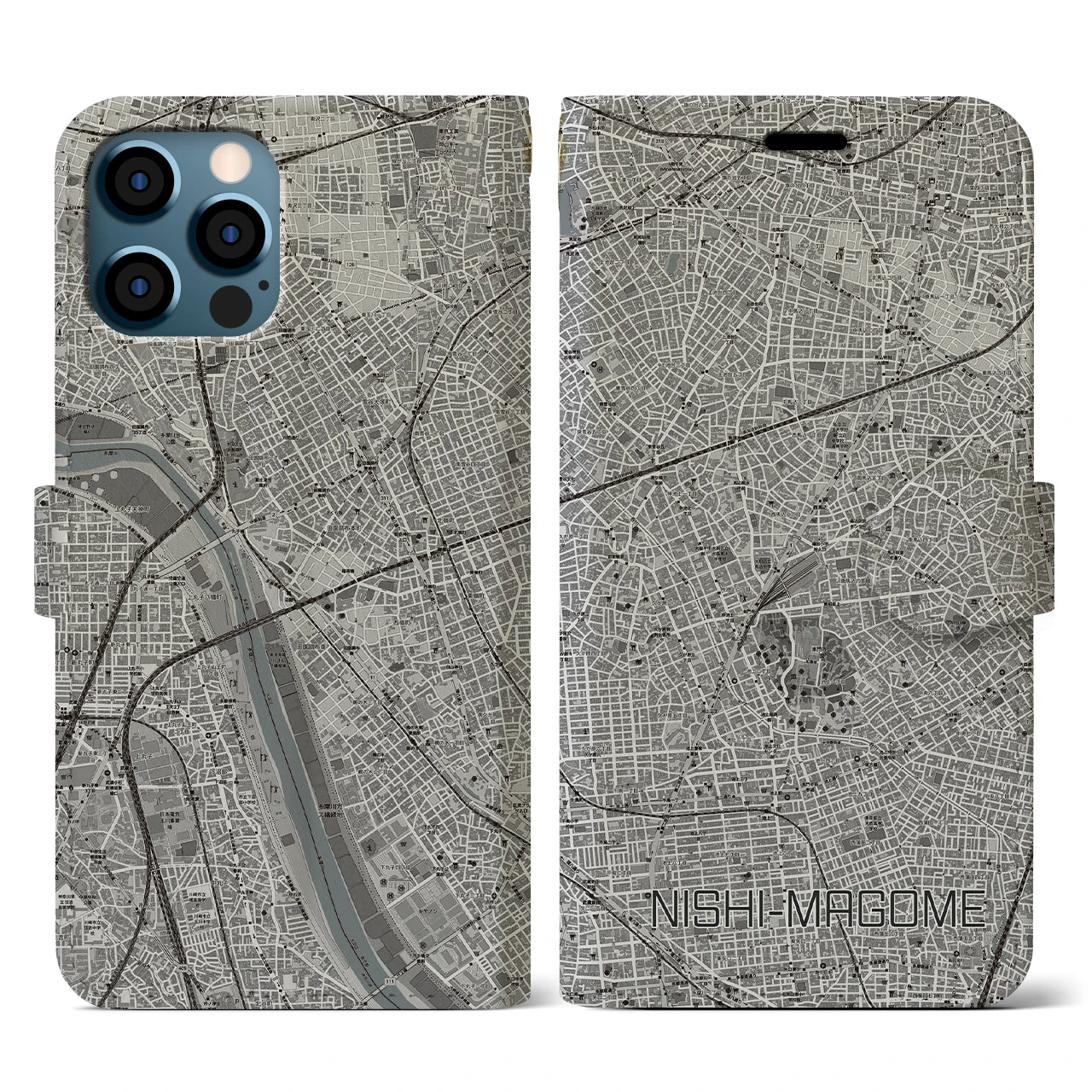 【西馬込(東京都)】地図柄iPhoneケース(手帳タイプ)モノトーン・iPhone 12 / 12 Pro 用