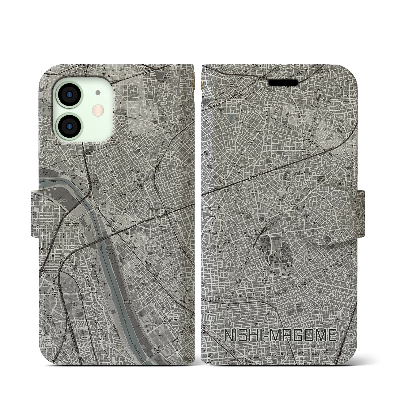 【西馬込(東京都)】地図柄iPhoneケース(手帳タイプ)モノトーン・iPhone 12 mini 用