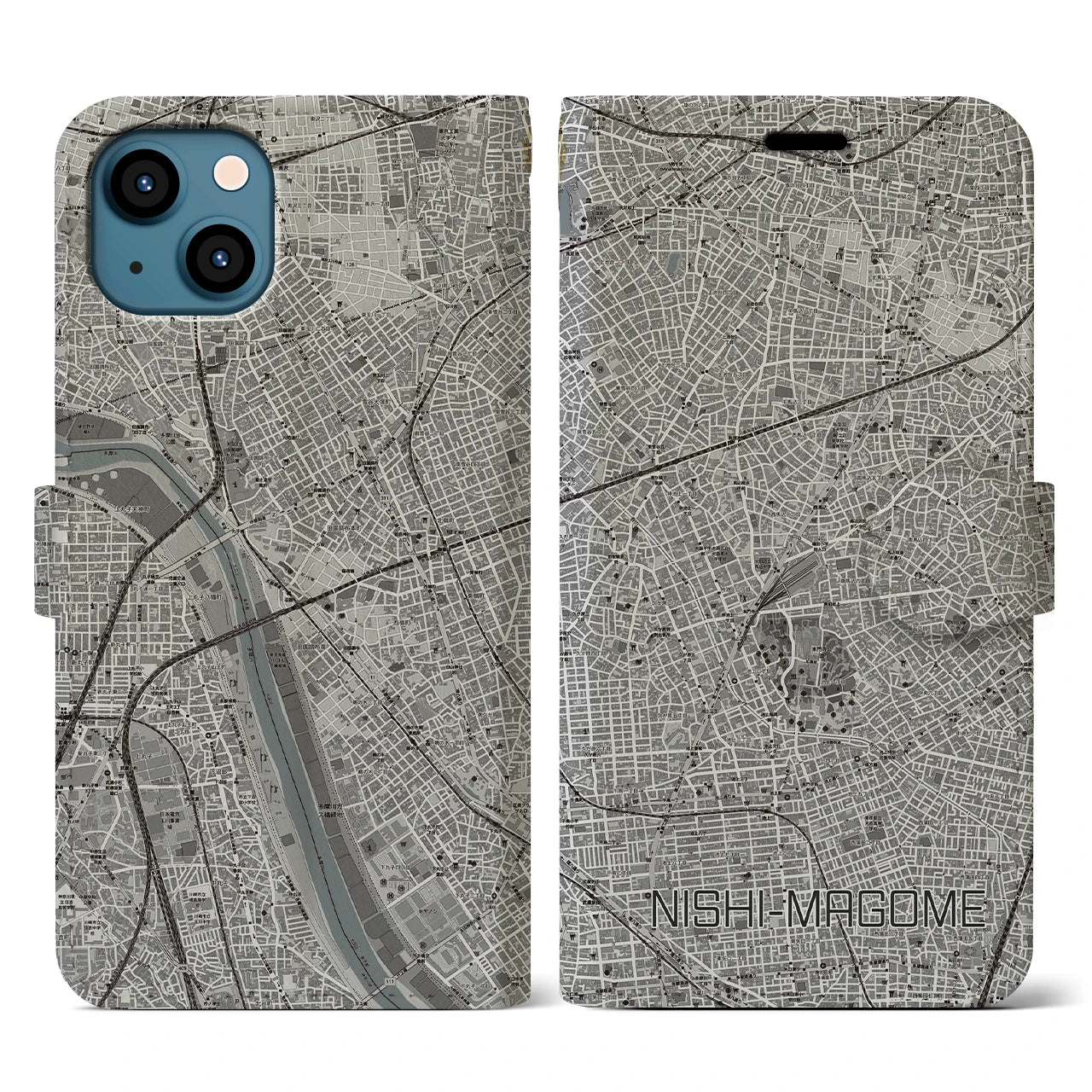 【西馬込(東京都)】地図柄iPhoneケース(手帳タイプ)モノトーン・iPhone 13 用