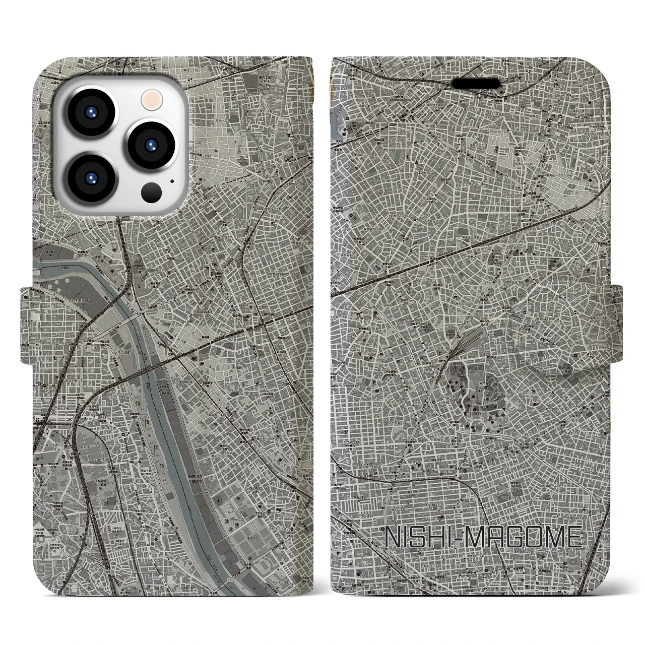 【西馬込(東京都)】地図柄iPhoneケース(手帳タイプ)モノトーン・iPhone 13 Pro 用