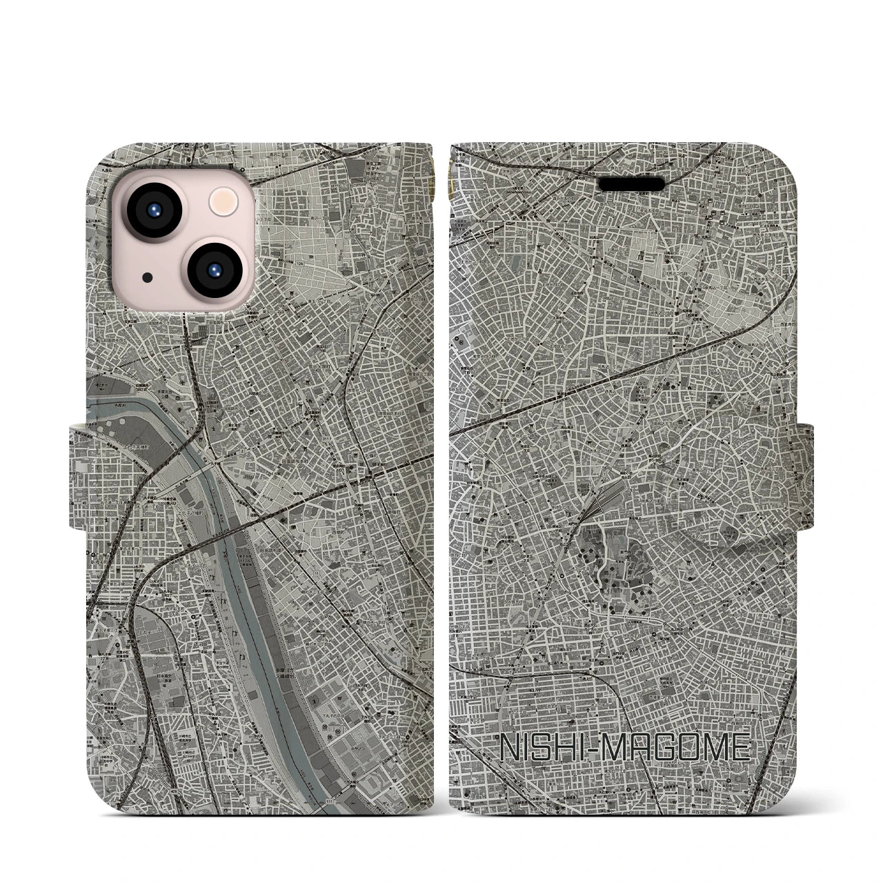 【西馬込(東京都)】地図柄iPhoneケース(手帳タイプ)モノトーン・iPhone 13 mini 用