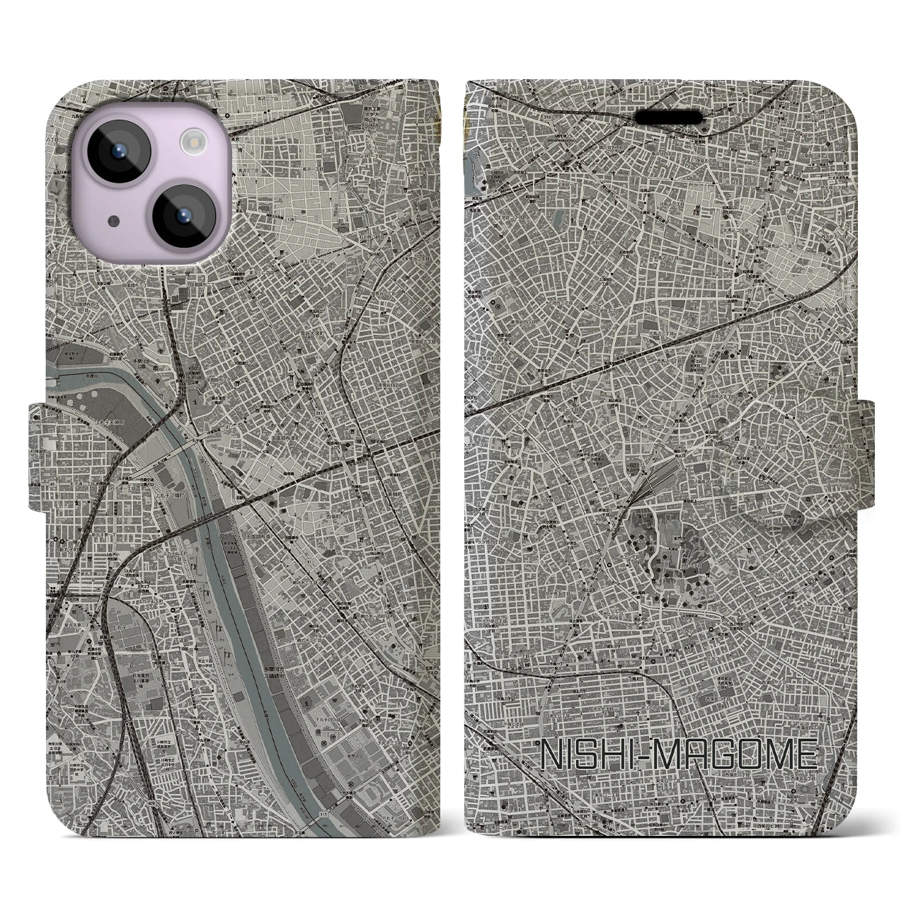 【西馬込(東京都)】地図柄iPhoneケース(手帳タイプ)モノトーン・iPhone 14 用