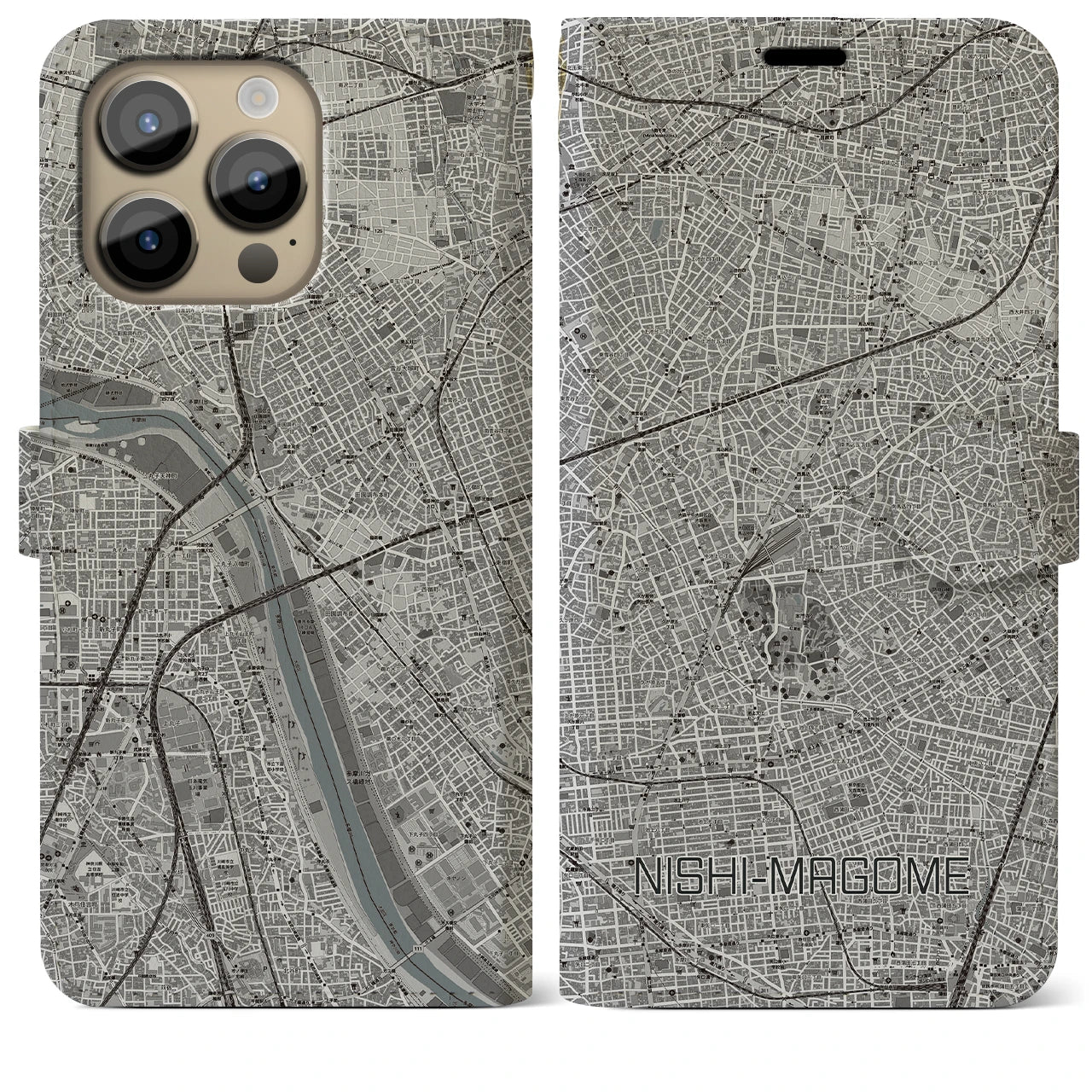 【西馬込(東京都)】地図柄iPhoneケース(手帳タイプ)モノトーン・iPhone 14 Pro Max 用