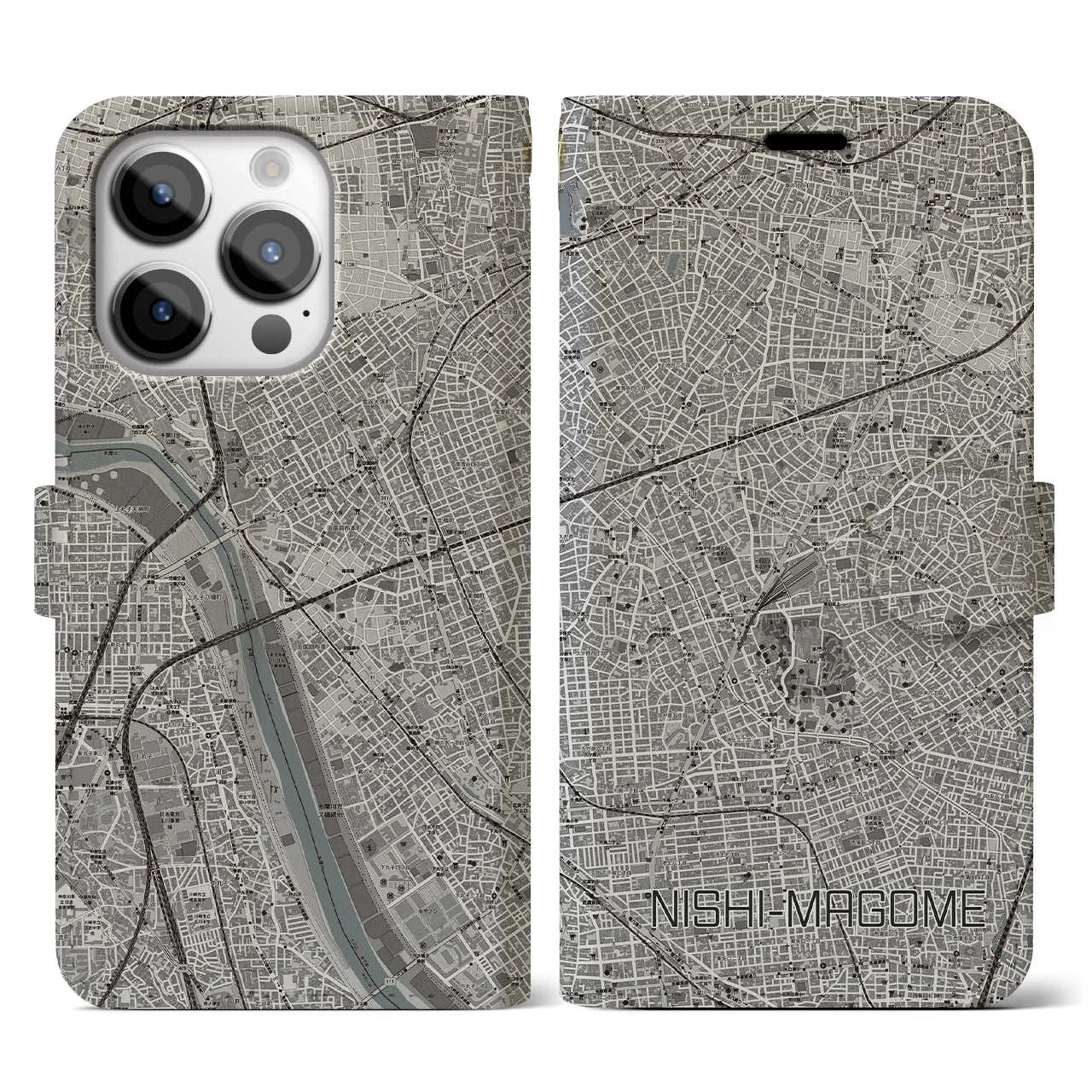 【西馬込(東京都)】地図柄iPhoneケース(手帳タイプ)モノトーン・iPhone 14 Pro 用