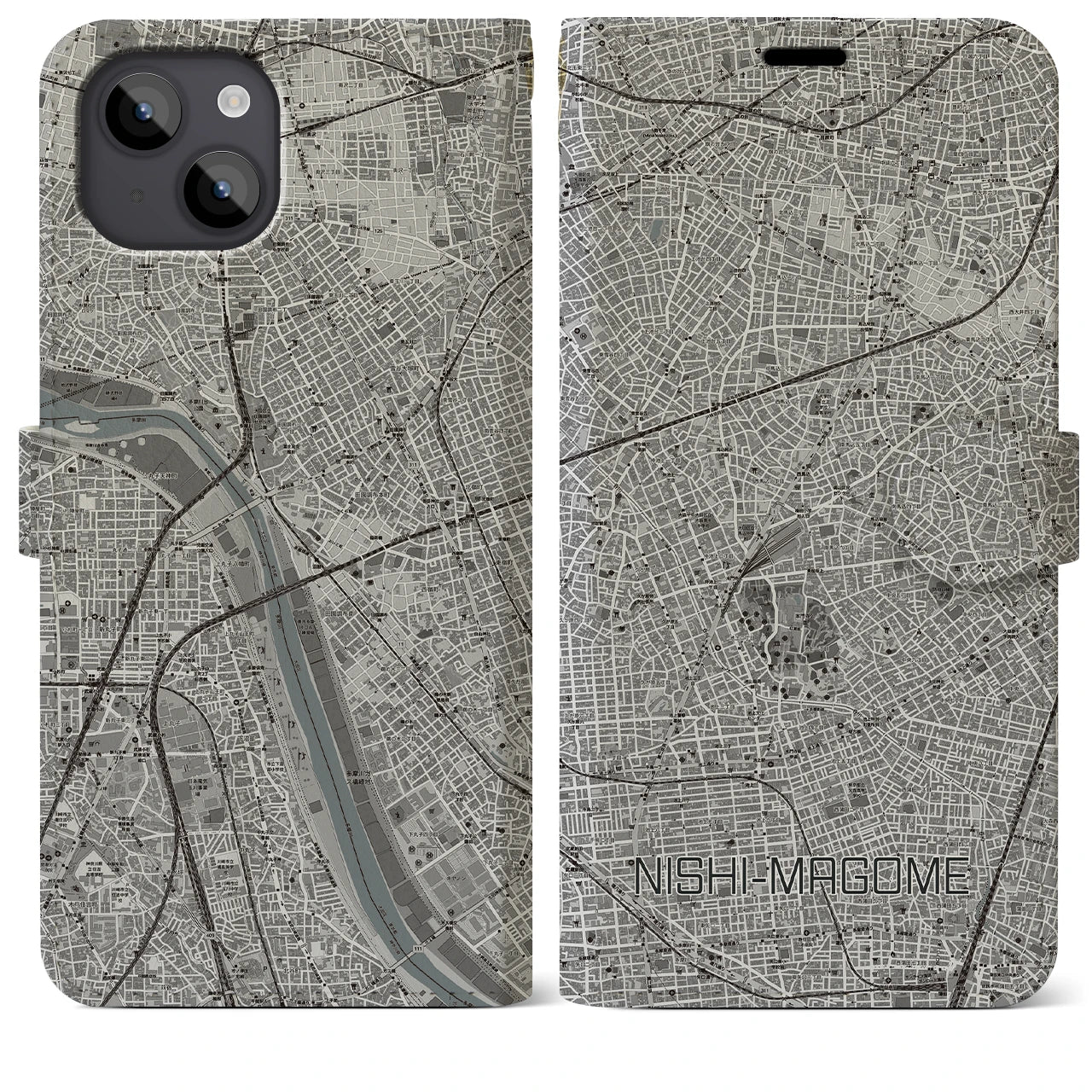 【西馬込(東京都)】地図柄iPhoneケース(手帳タイプ)モノトーン・iPhone 14 Plus 用