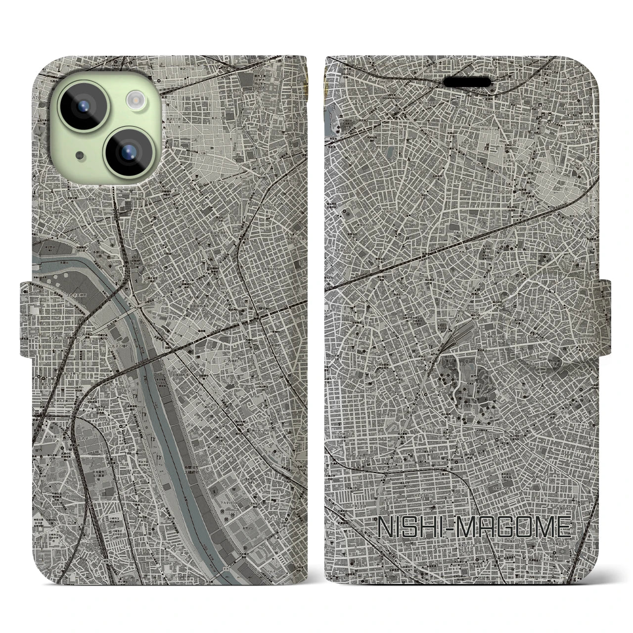 【西馬込(東京都)】地図柄iPhoneケース(手帳タイプ)モノトーン・iPhone 15 用