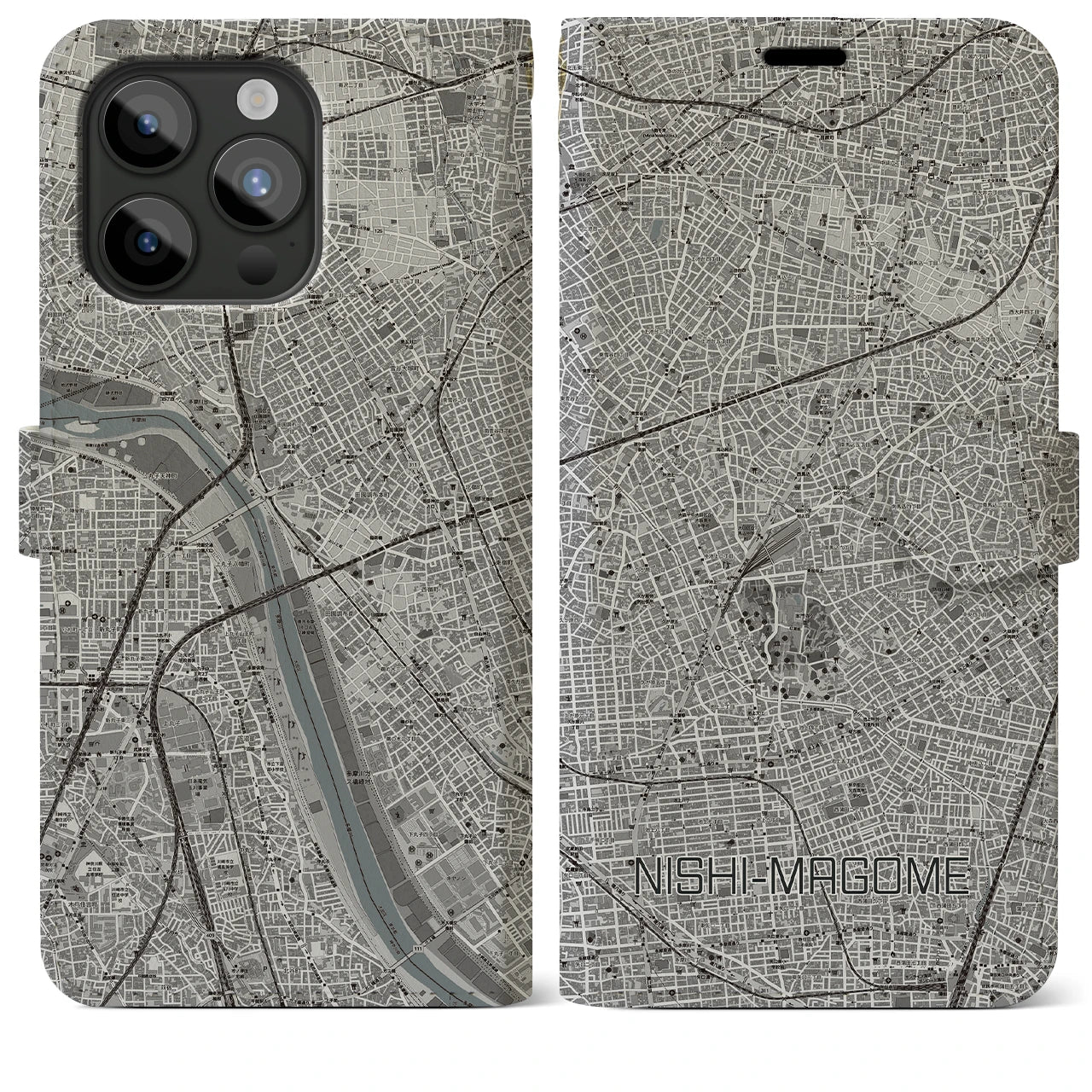 【西馬込(東京都)】地図柄iPhoneケース(手帳タイプ)モノトーン・iPhone 15 Pro Max 用