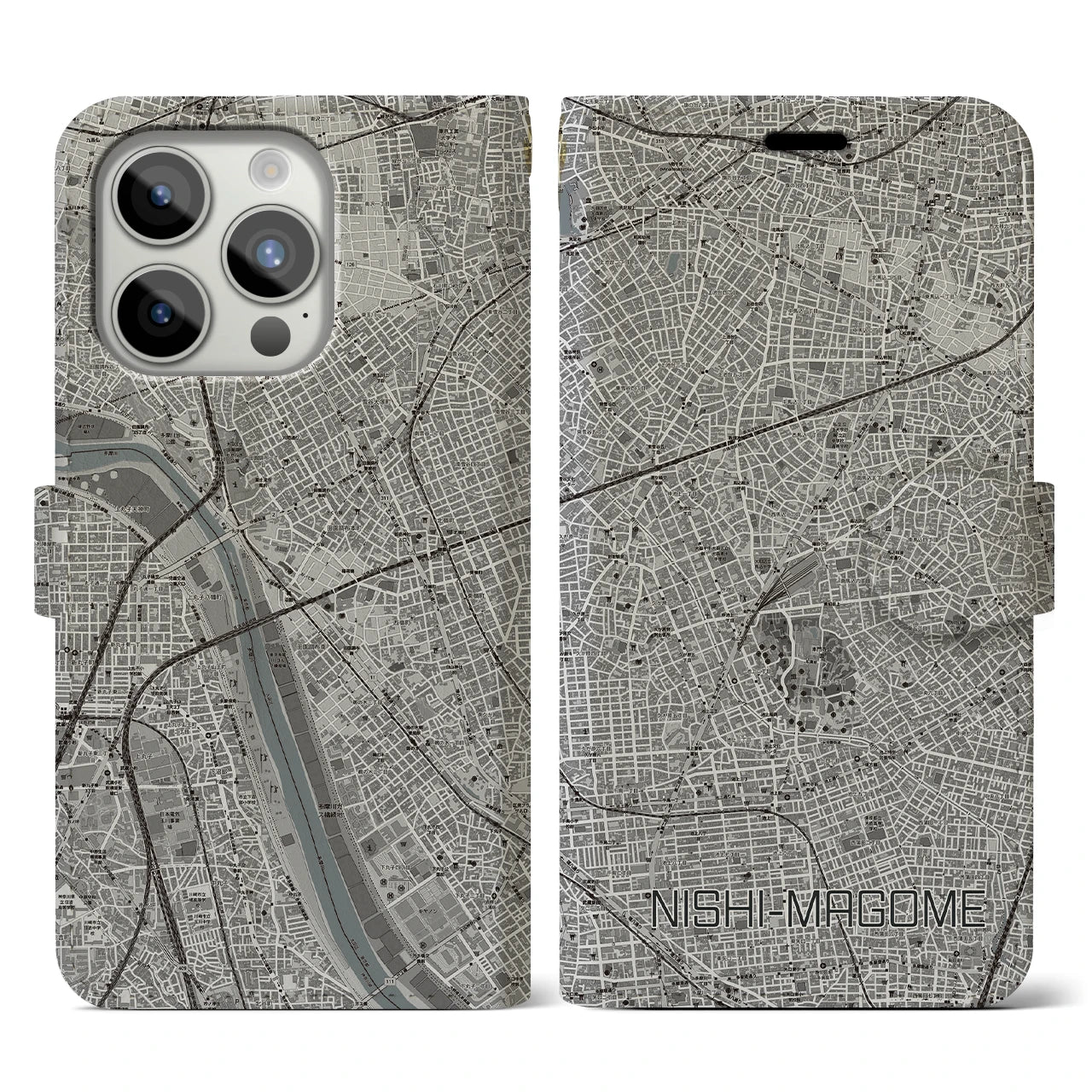 【西馬込(東京都)】地図柄iPhoneケース(手帳タイプ)モノトーン・iPhone 15 Pro 用