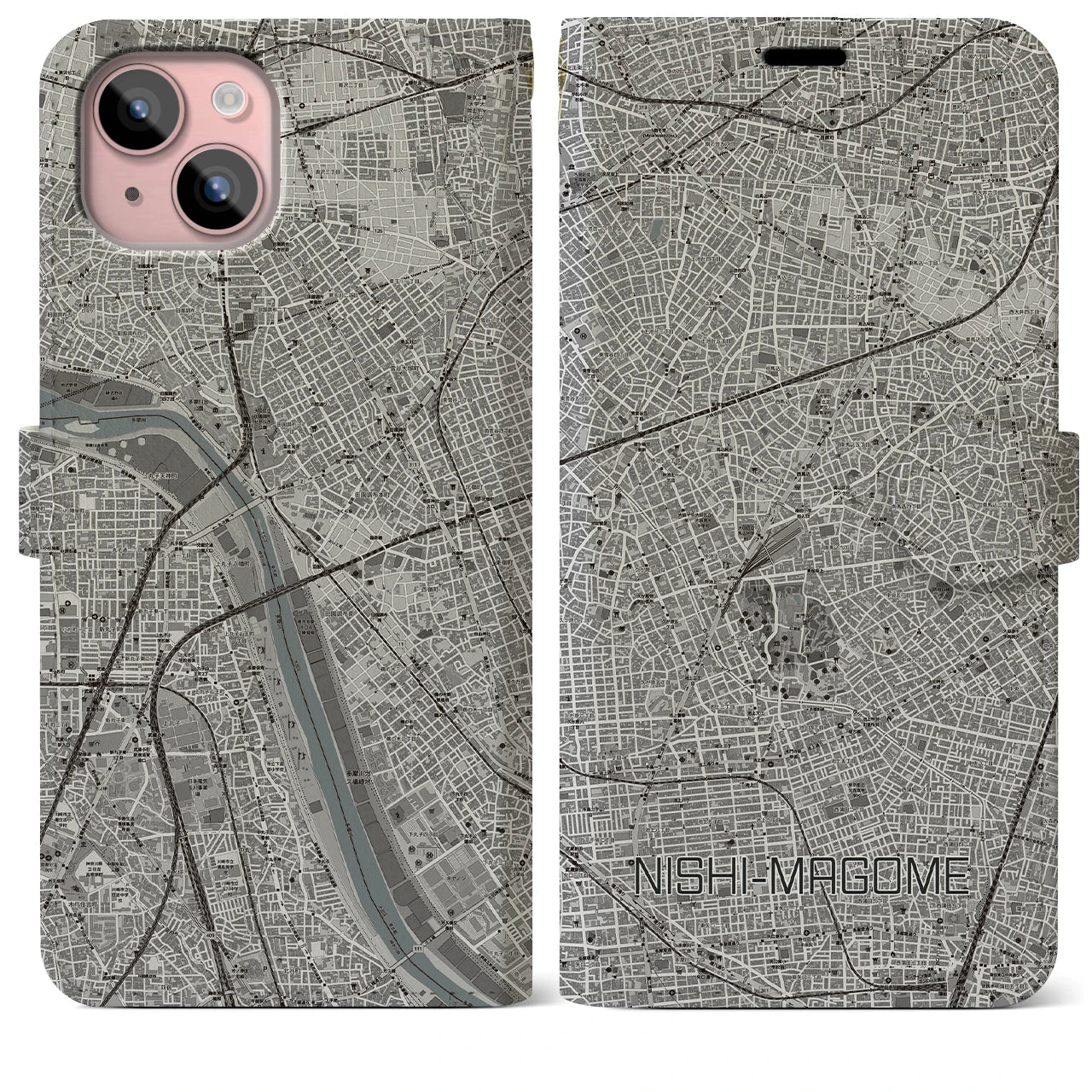 【西馬込(東京都)】地図柄iPhoneケース(手帳タイプ)モノトーン・iPhone 15 Plus 用