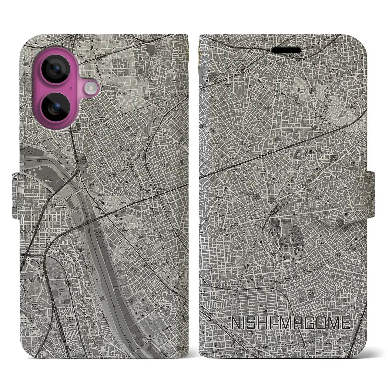 【西馬込(東京都)】地図柄iPhoneケース(手帳タイプ)モノトーン・iPhone 16 Pro 用