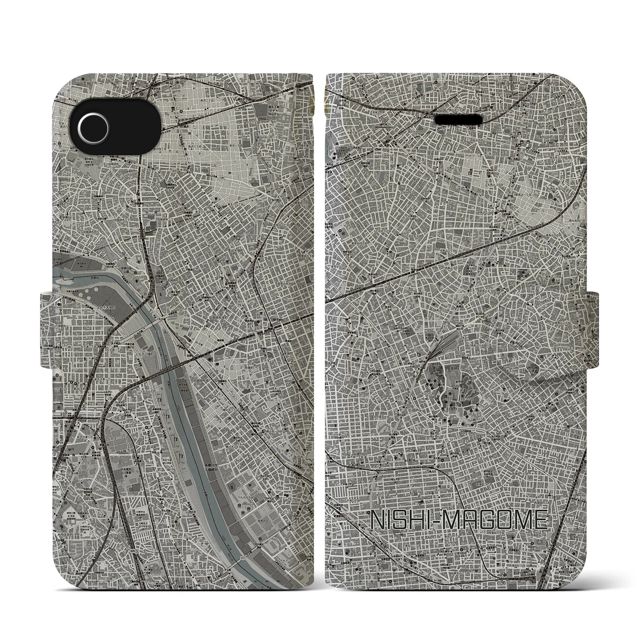 【西馬込(東京都)】地図柄iPhoneケース(手帳タイプ)モノトーン・iPhone SE(第3 / 第2世代) / 8 / 7 / 6s / 6 用