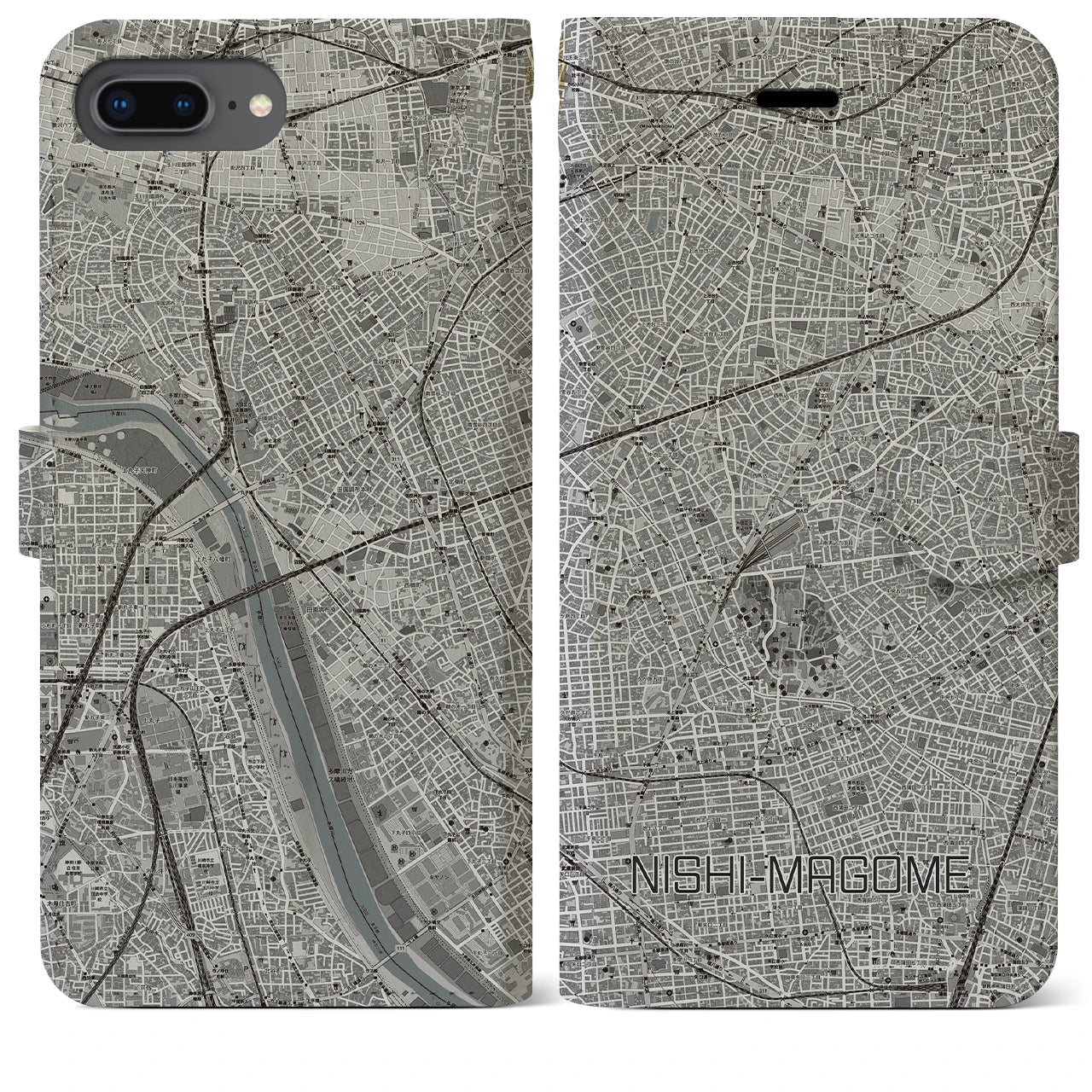 【西馬込(東京都)】地図柄iPhoneケース(手帳タイプ)モノトーン・iPhone 8Plus /7Plus / 6sPlus / 6Plus 用