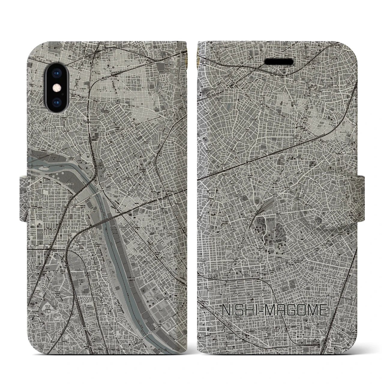 【西馬込(東京都)】地図柄iPhoneケース(手帳タイプ)モノトーン・iPhone XS / X 用