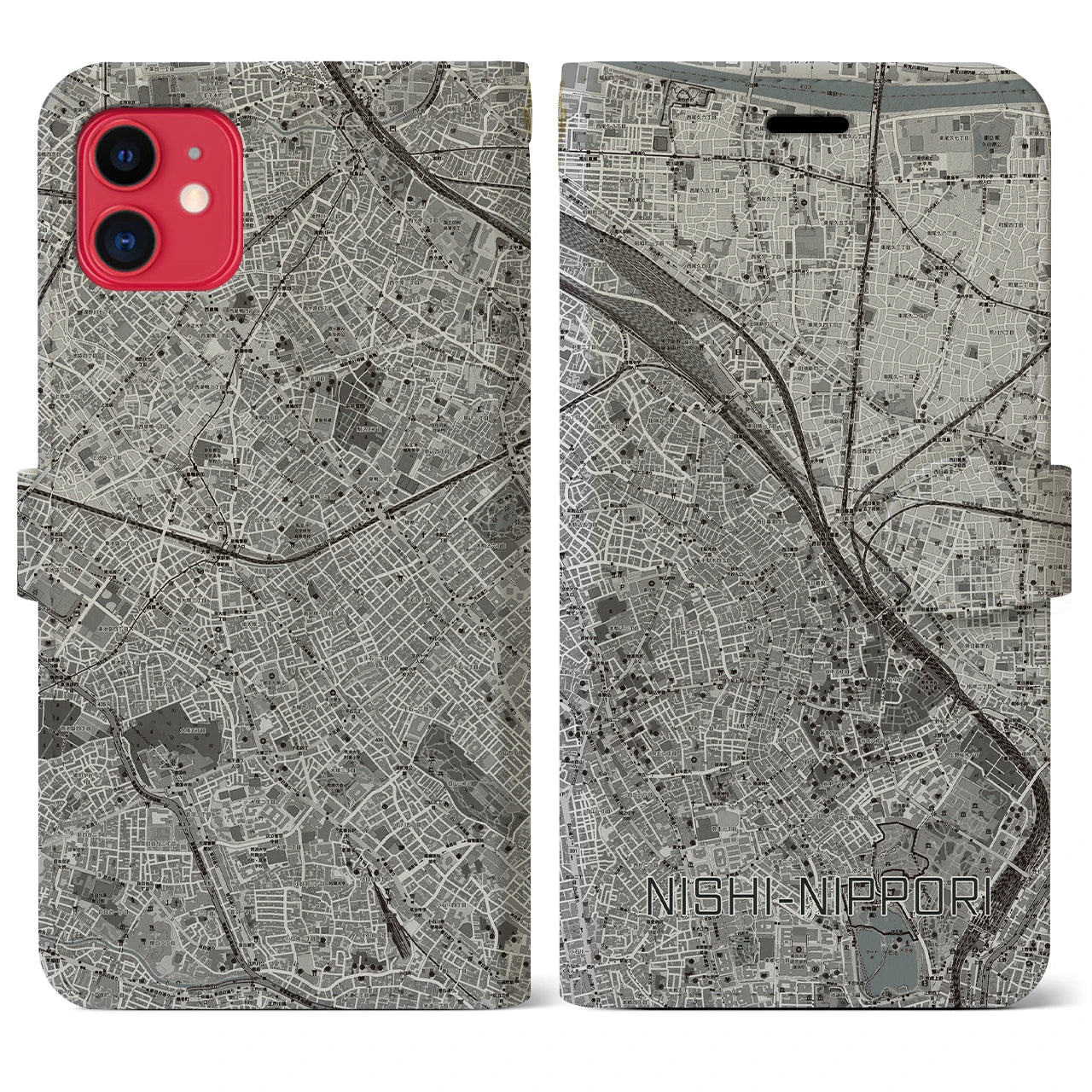 【西日暮里(東京都)】地図柄iPhoneケース(手帳タイプ)モノトーン・iPhone 11 用