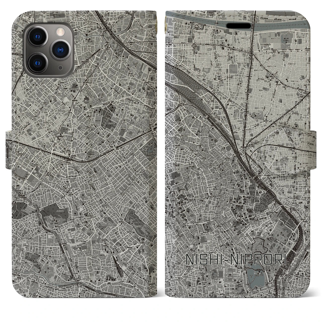 【西日暮里(東京都)】地図柄iPhoneケース(手帳タイプ)モノトーン・iPhone 11 Pro Max 用