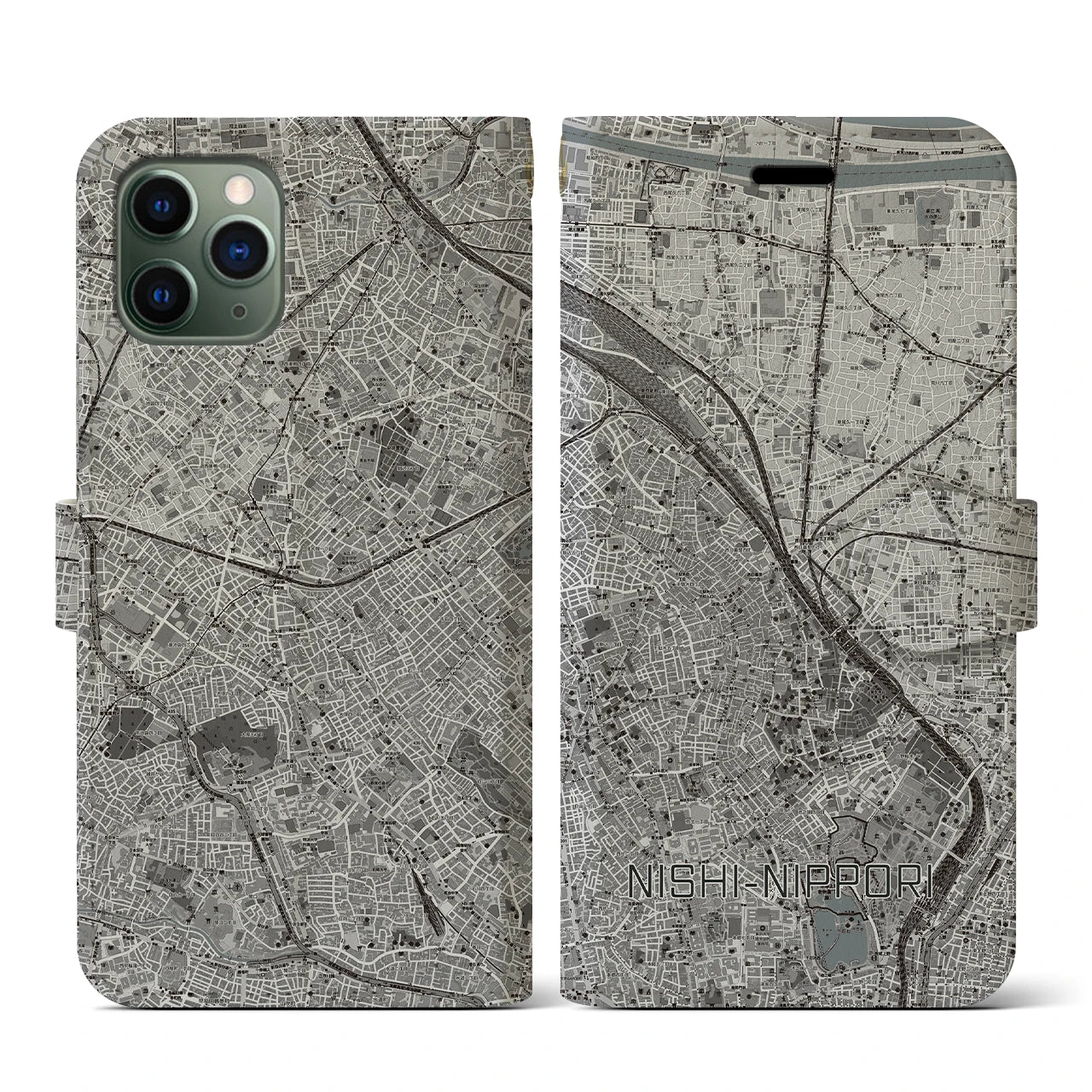 【西日暮里(東京都)】地図柄iPhoneケース(手帳タイプ)モノトーン・iPhone 11 Pro 用