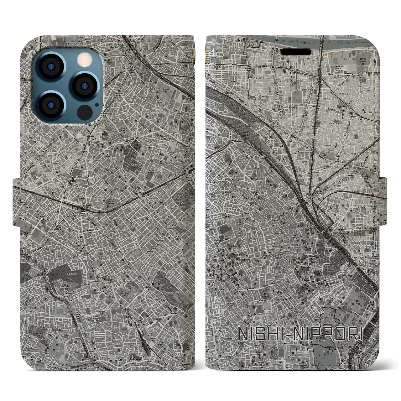 【西日暮里(東京都)】地図柄iPhoneケース(手帳タイプ)モノトーン・iPhone 12 / 12 Pro 用