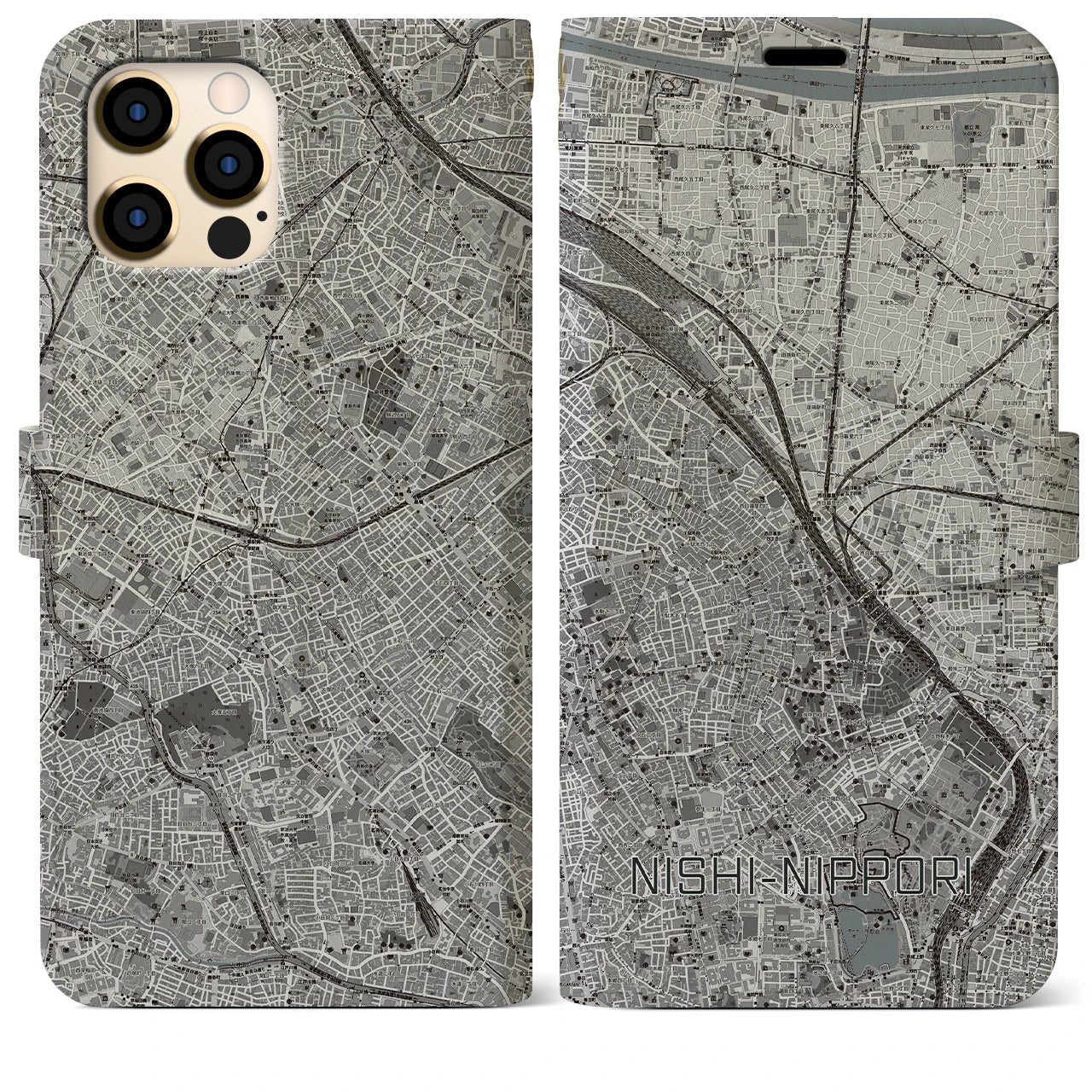 【西日暮里(東京都)】地図柄iPhoneケース(手帳タイプ)モノトーン・iPhone 12 Pro Max 用