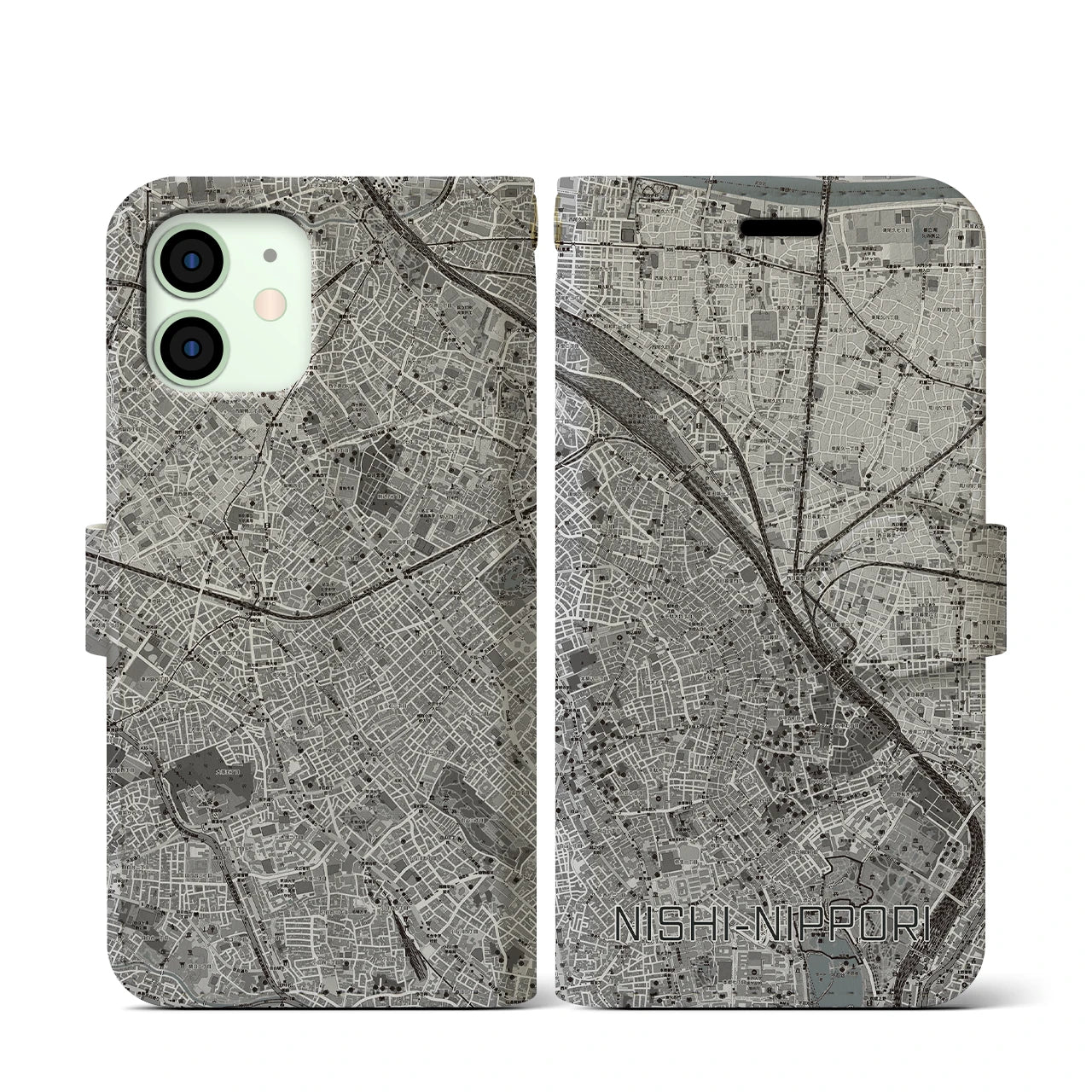 【西日暮里(東京都)】地図柄iPhoneケース(手帳タイプ)モノトーン・iPhone 12 mini 用