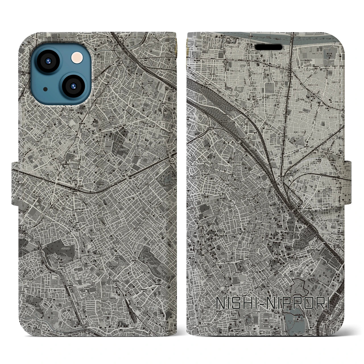 【西日暮里(東京都)】地図柄iPhoneケース(手帳タイプ)モノトーン・iPhone 13 用
