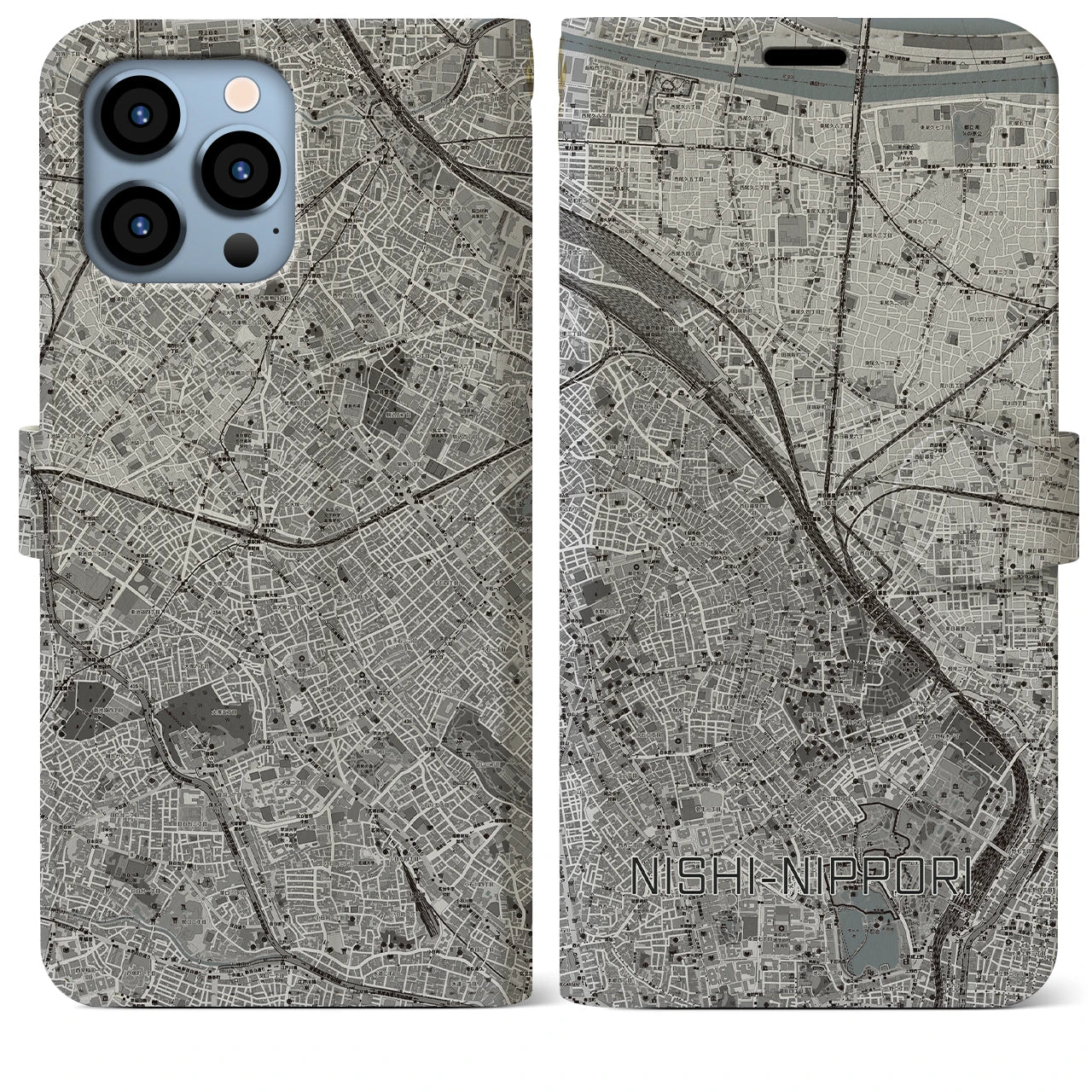 【西日暮里(東京都)】地図柄iPhoneケース(手帳タイプ)モノトーン・iPhone 13 Pro Max 用