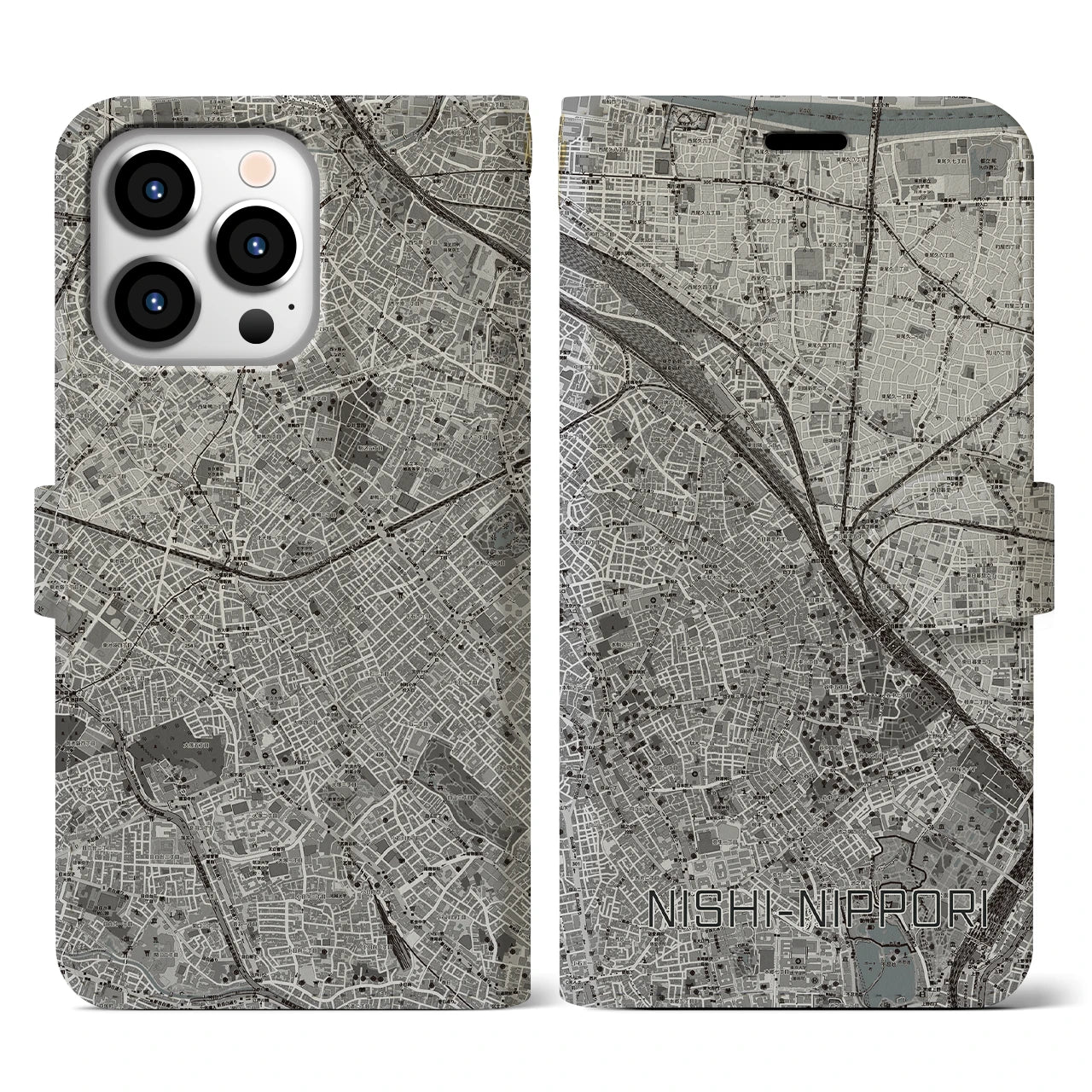 【西日暮里(東京都)】地図柄iPhoneケース(手帳タイプ)モノトーン・iPhone 13 Pro 用
