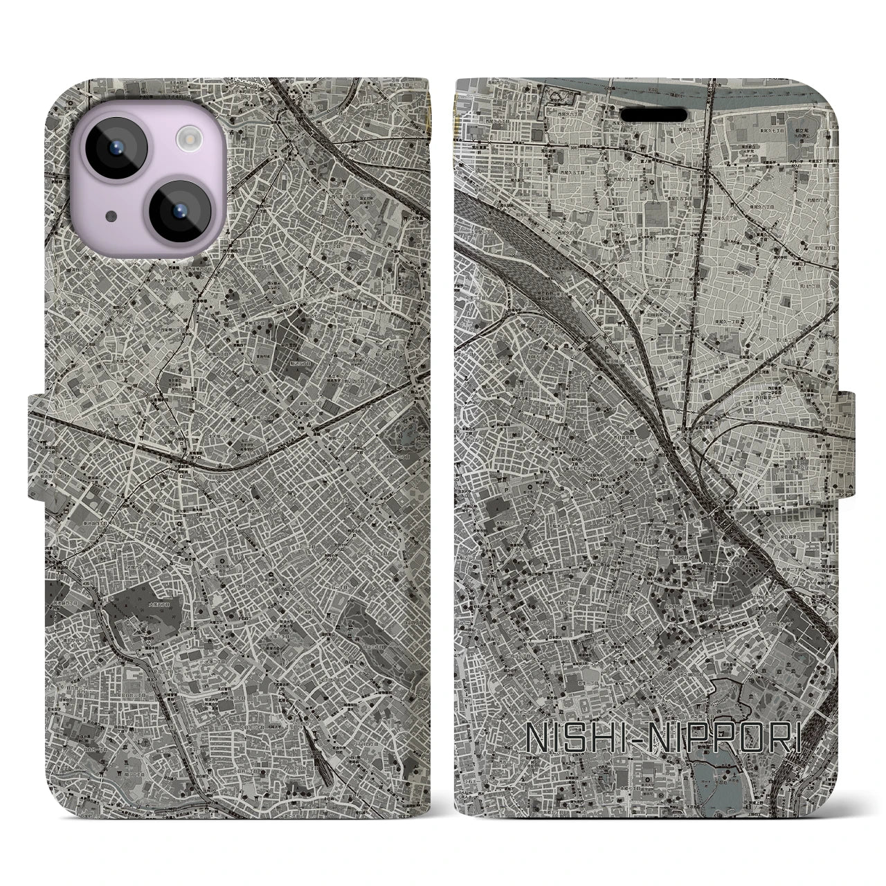 【西日暮里(東京都)】地図柄iPhoneケース(手帳タイプ)モノトーン・iPhone 14 用