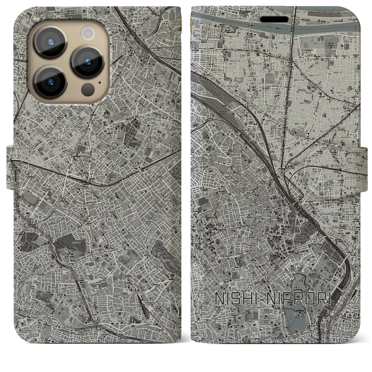 【西日暮里(東京都)】地図柄iPhoneケース(手帳タイプ)モノトーン・iPhone 14 Pro Max 用