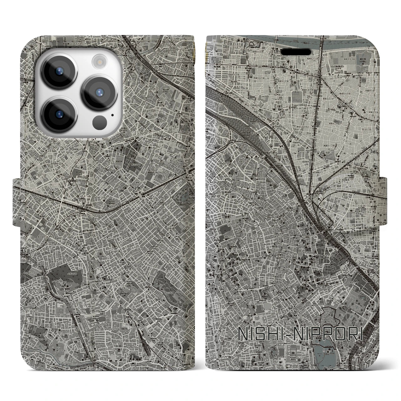 【西日暮里(東京都)】地図柄iPhoneケース(手帳タイプ)モノトーン・iPhone 14 Pro 用