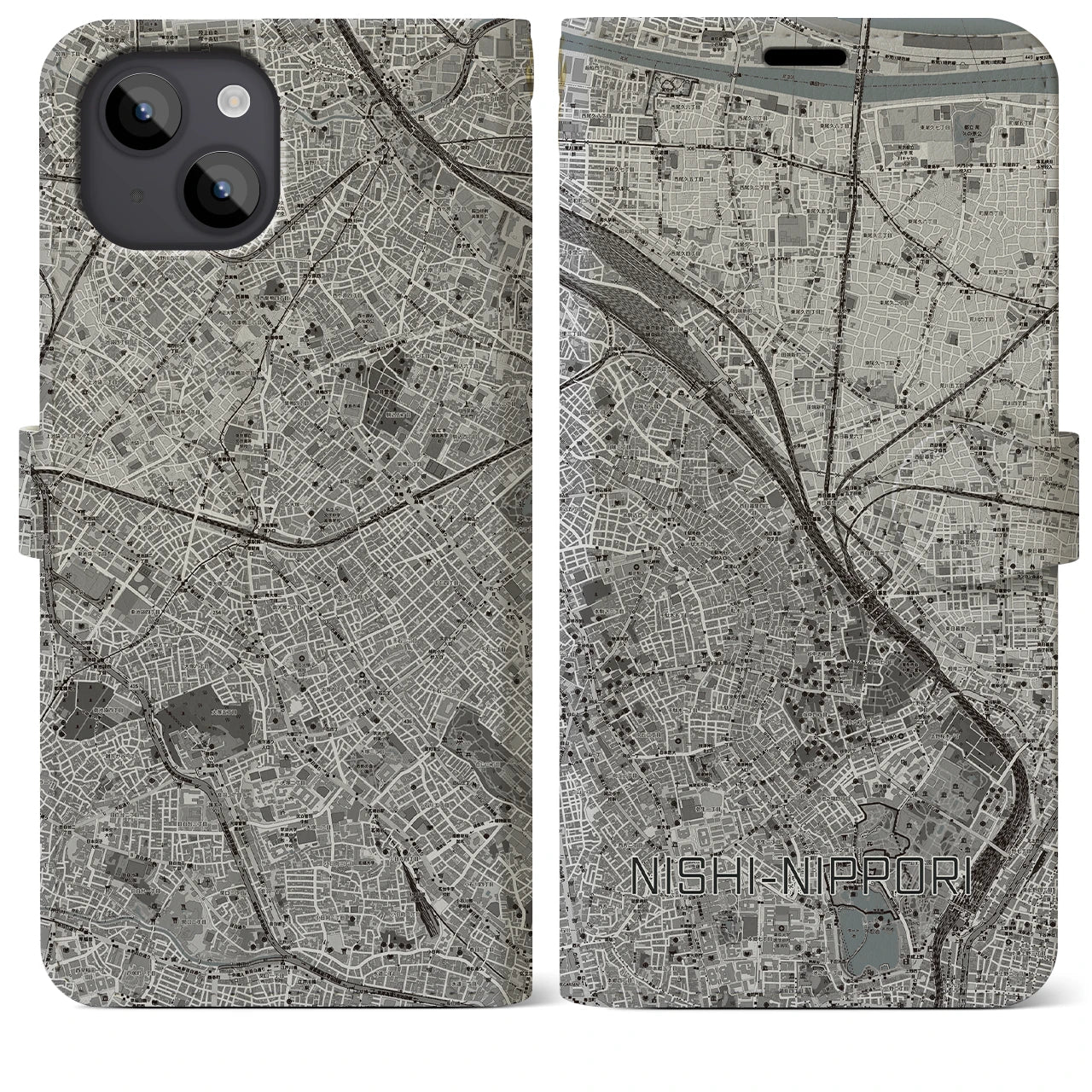 【西日暮里(東京都)】地図柄iPhoneケース(手帳タイプ)モノトーン・iPhone 14 Plus 用