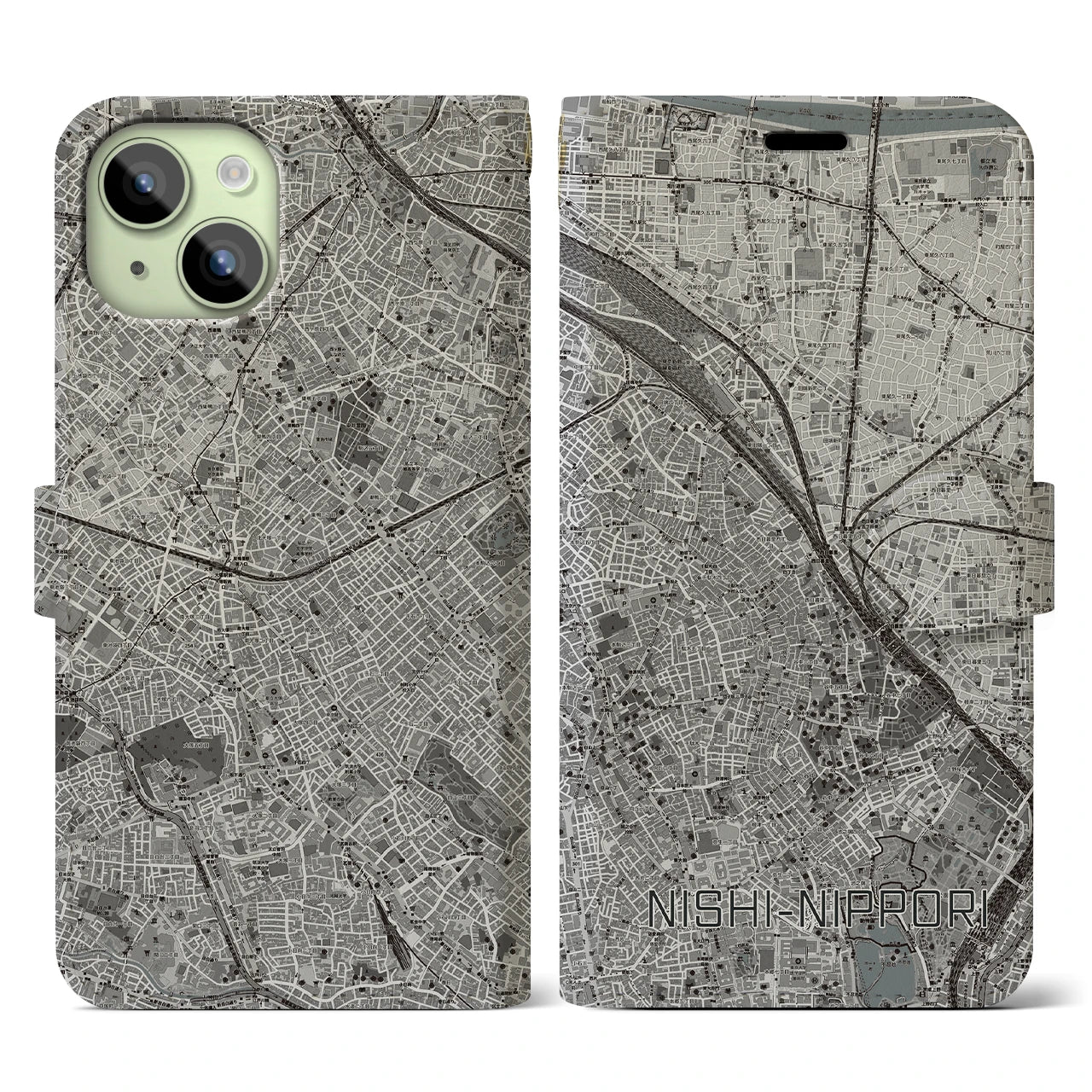 【西日暮里(東京都)】地図柄iPhoneケース(手帳タイプ)モノトーン・iPhone 15 用