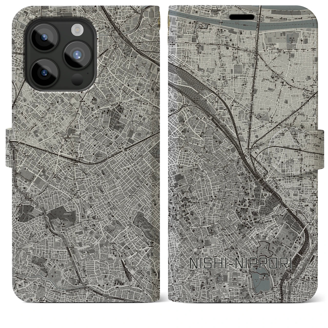 【西日暮里(東京都)】地図柄iPhoneケース(手帳タイプ)モノトーン・iPhone 15 Pro Max 用