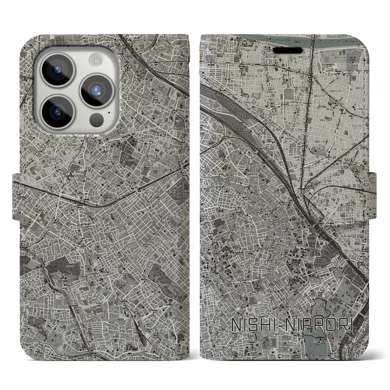 【西日暮里(東京都)】地図柄iPhoneケース(手帳タイプ)モノトーン・iPhone 15 Pro 用
