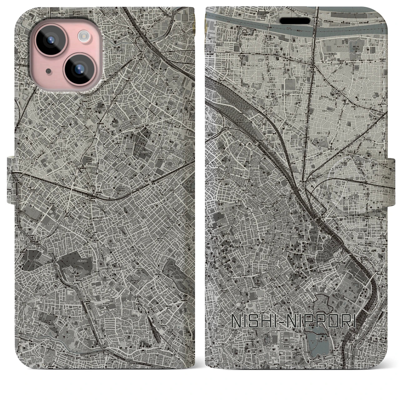 【西日暮里(東京都)】地図柄iPhoneケース(手帳タイプ)モノトーン・iPhone 15 Plus 用