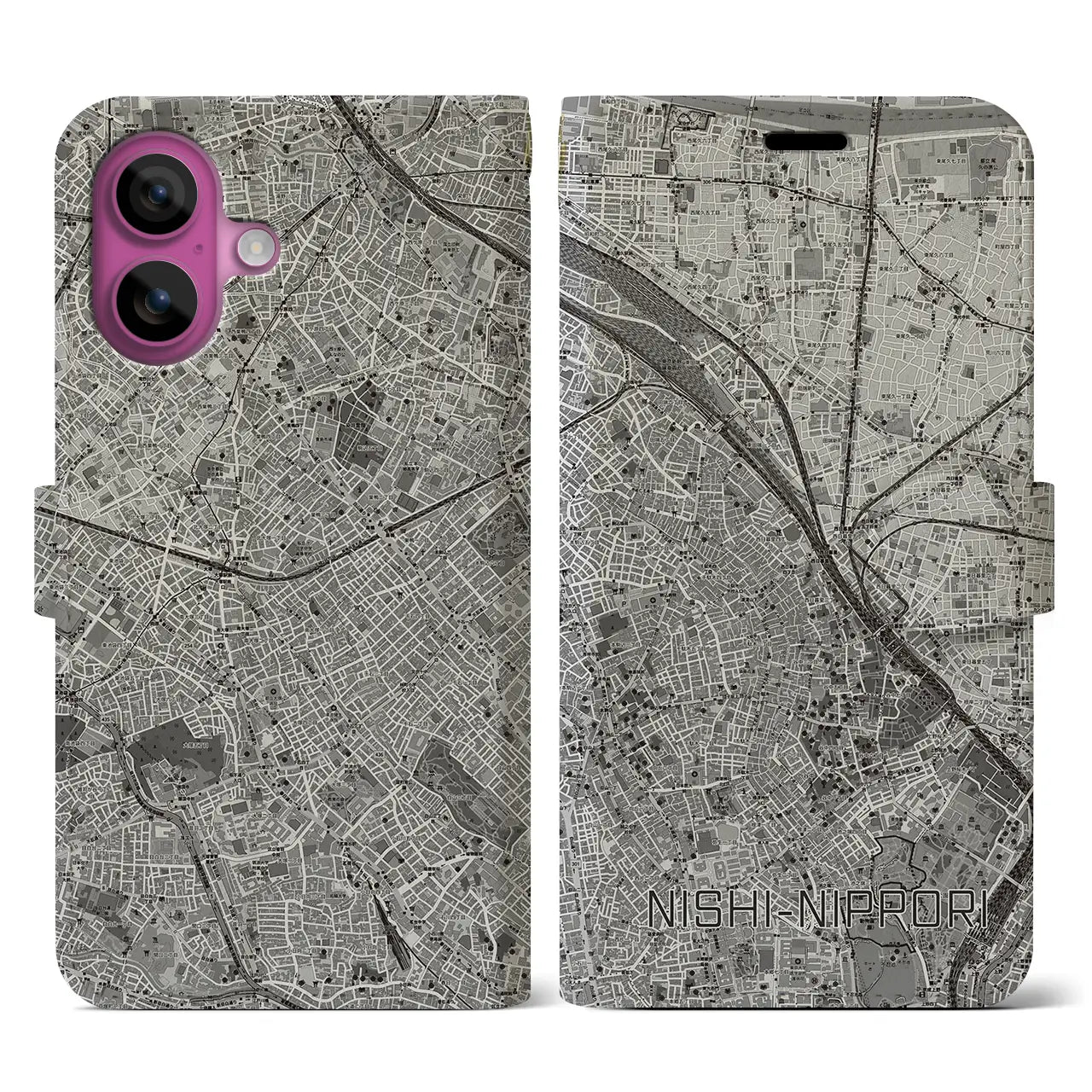 【西日暮里(東京都)】地図柄iPhoneケース(手帳タイプ)モノトーン・iPhone 16 Pro 用