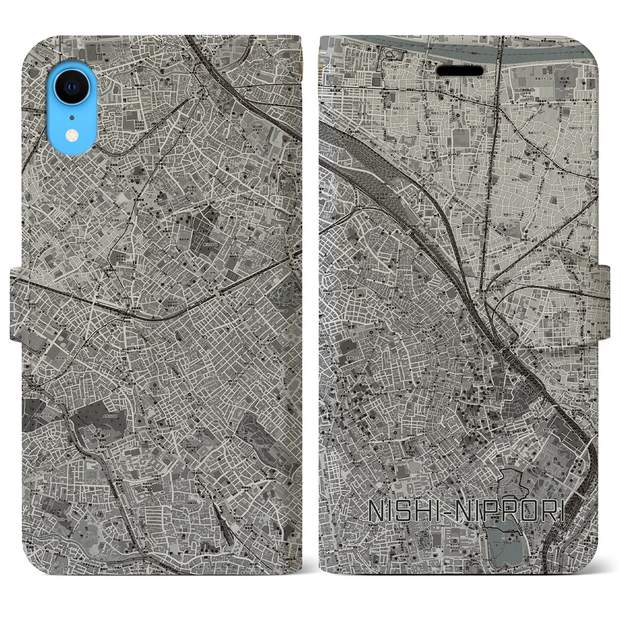【西日暮里(東京都)】地図柄iPhoneケース(手帳タイプ)モノトーン・iPhone XR 用