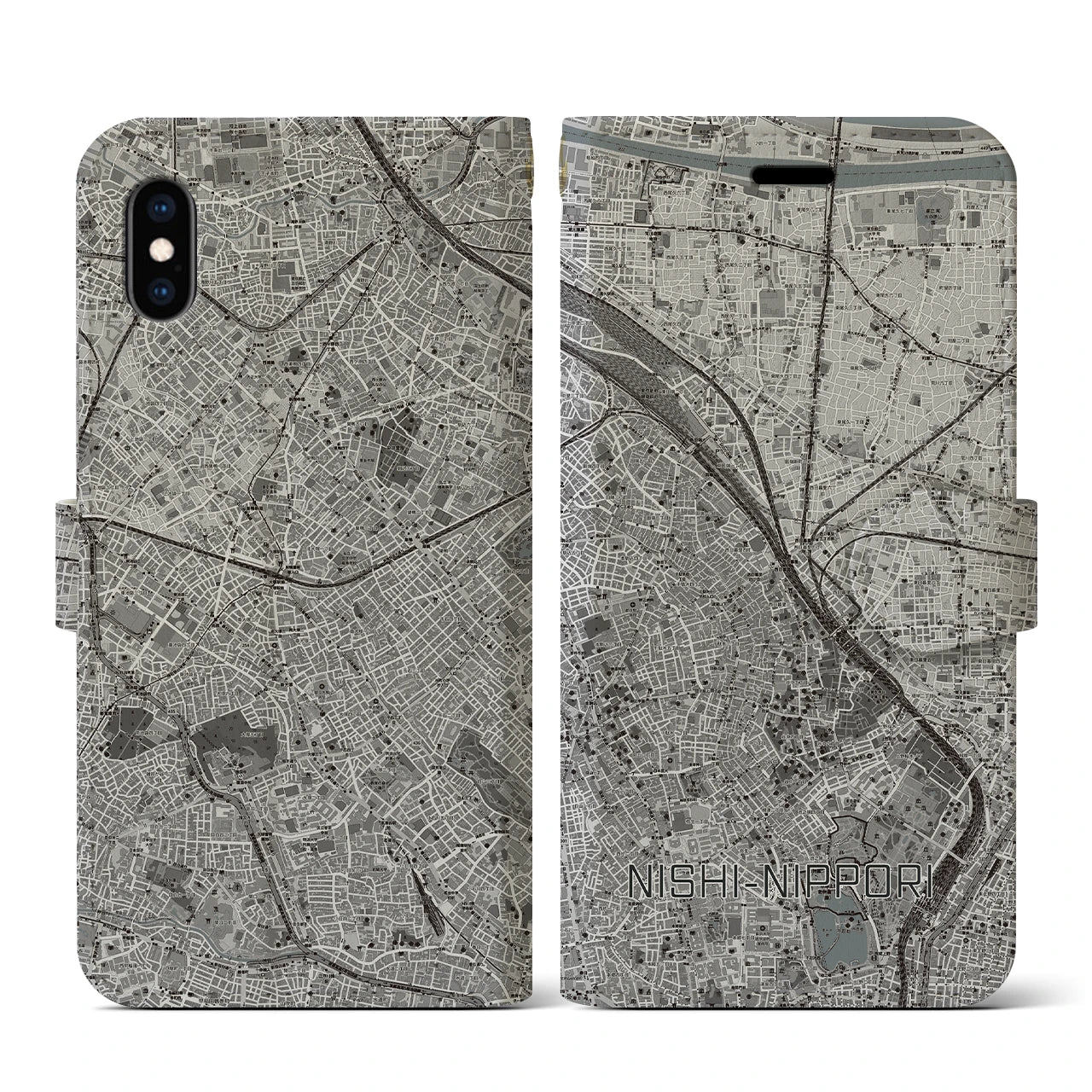 【西日暮里(東京都)】地図柄iPhoneケース(手帳タイプ)モノトーン・iPhone XS / X 用