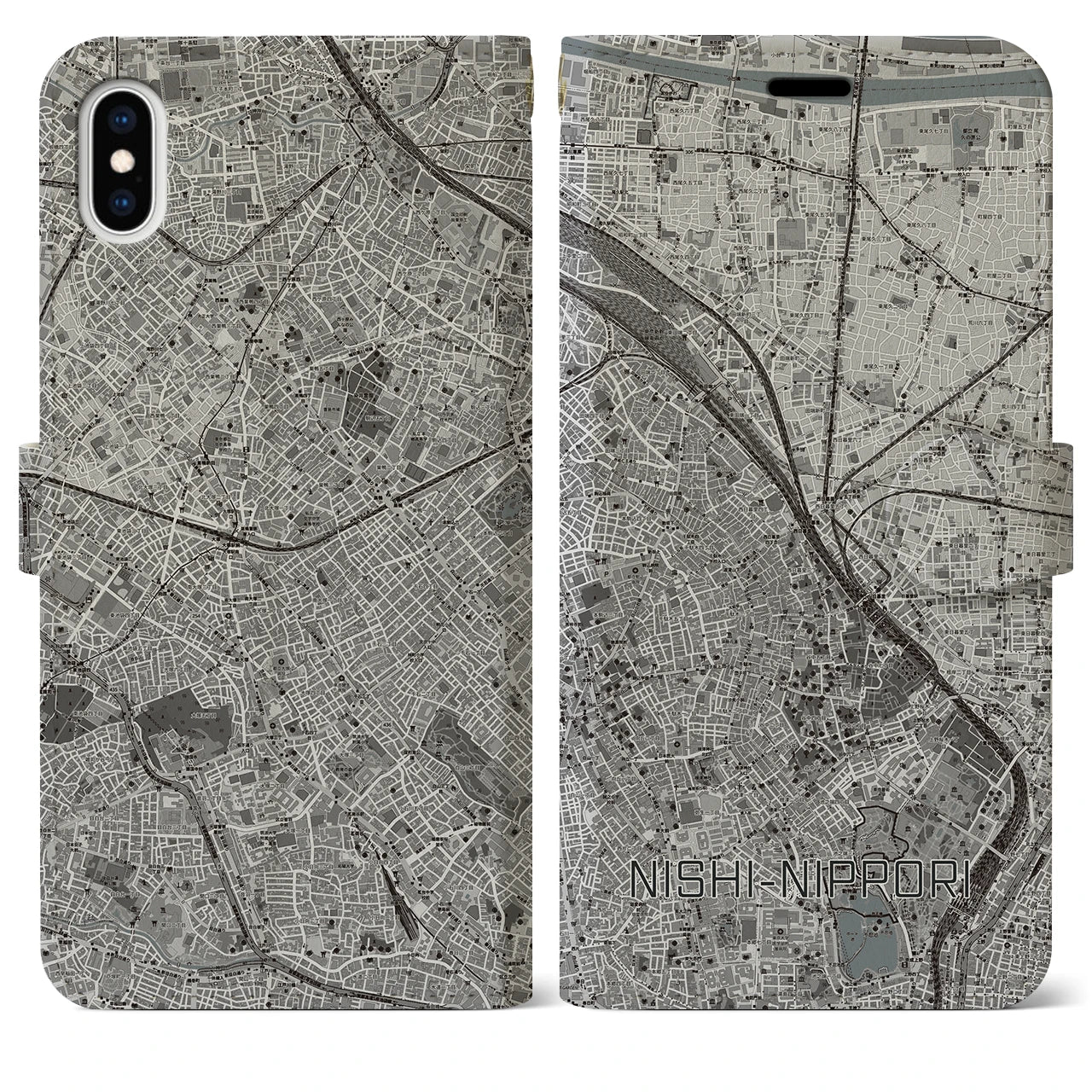 【西日暮里(東京都)】地図柄iPhoneケース(手帳タイプ)モノトーン・iPhone XS Max 用