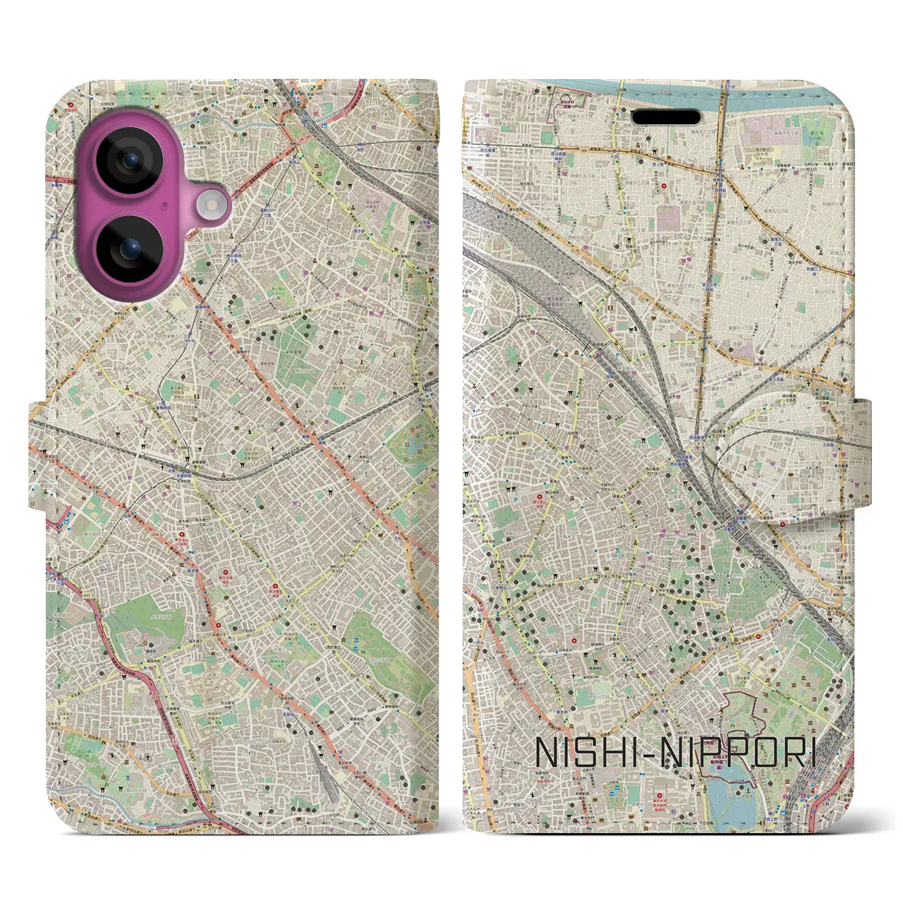 【西日暮里(東京都)】地図柄iPhoneケース(手帳タイプ)ナチュラル・iPhone 16 Pro 用