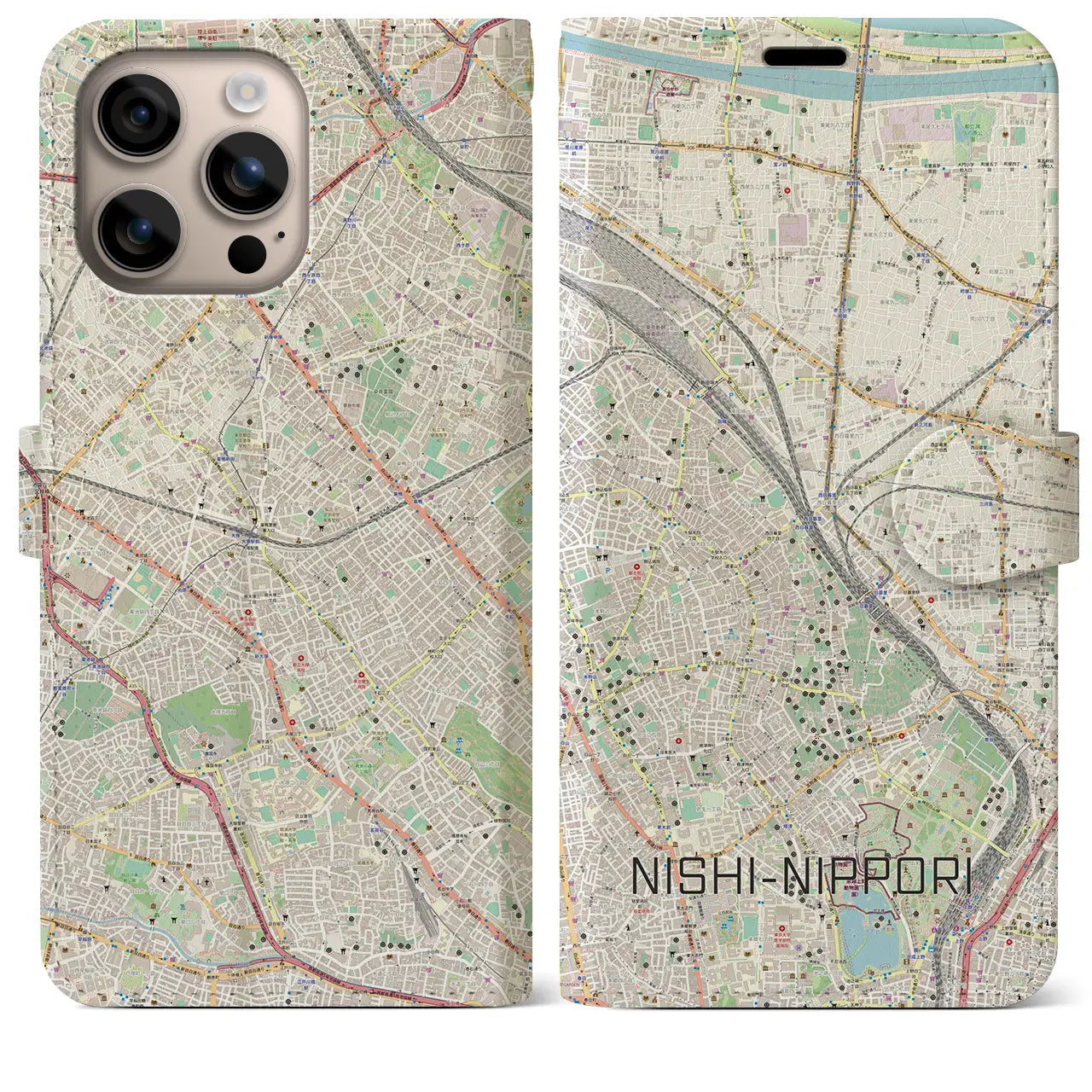【西日暮里(東京都)】地図柄iPhoneケース(手帳タイプ)ナチュラル・iPhone 16 Plus 用