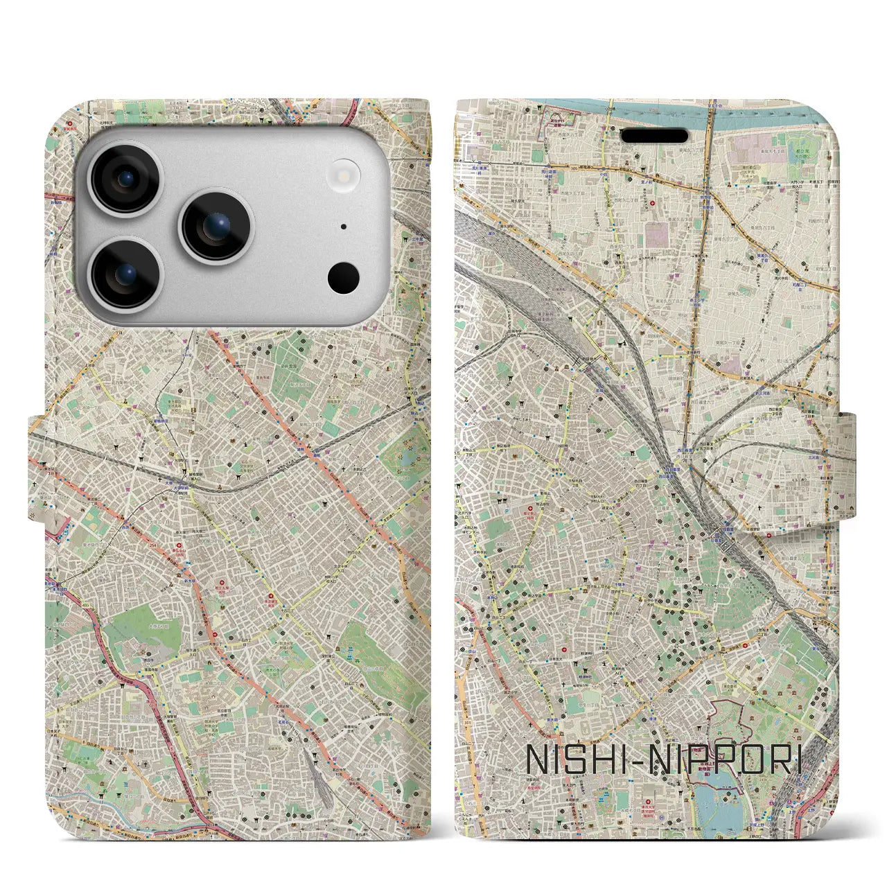 【西日暮里(東京都)】地図柄iPhoneケース(手帳タイプ)モノトーン・iPhone 17 Pro Max 用