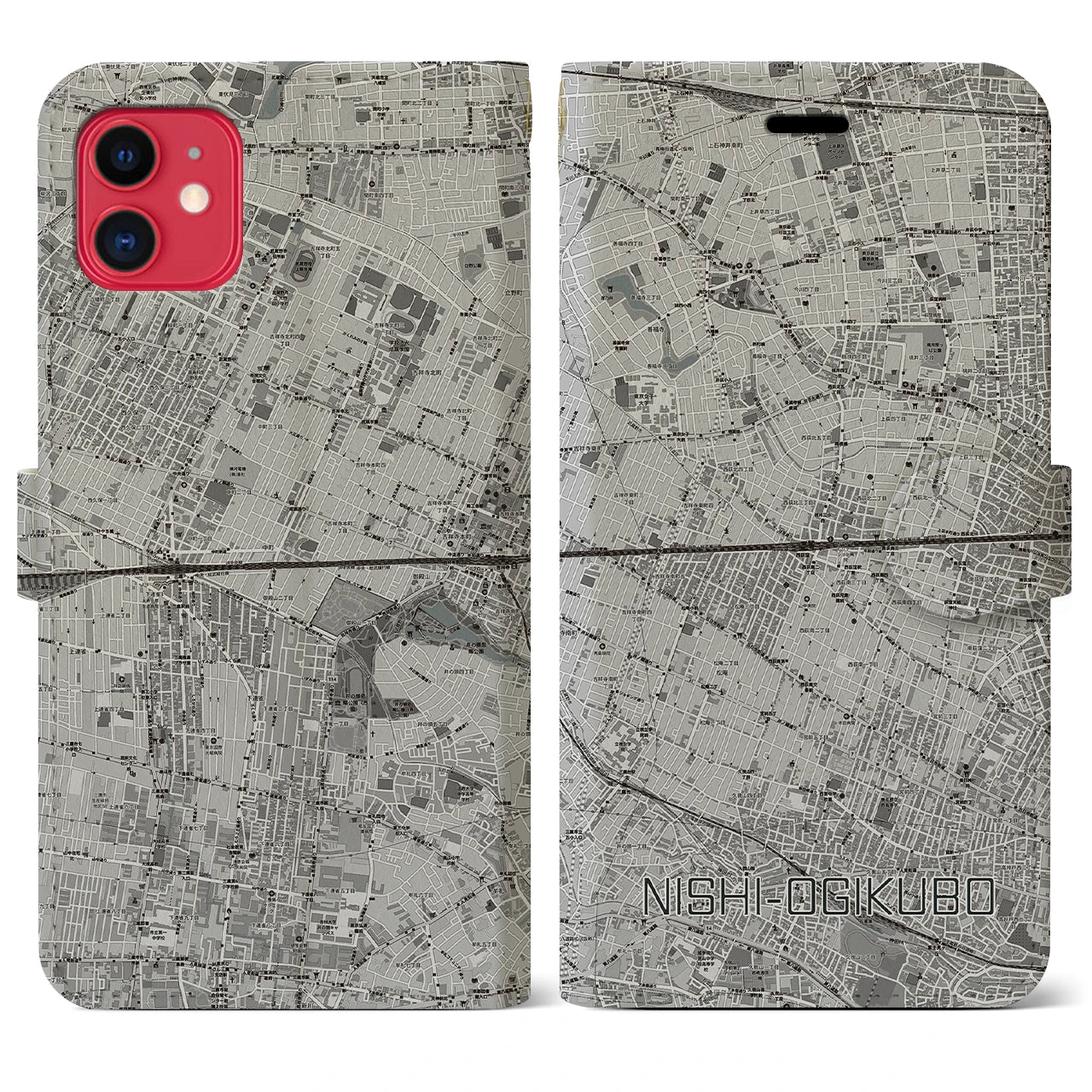 【西荻窪2(東京都)】地図柄iPhoneケース(手帳タイプ)モノトーン・iPhone 11 用