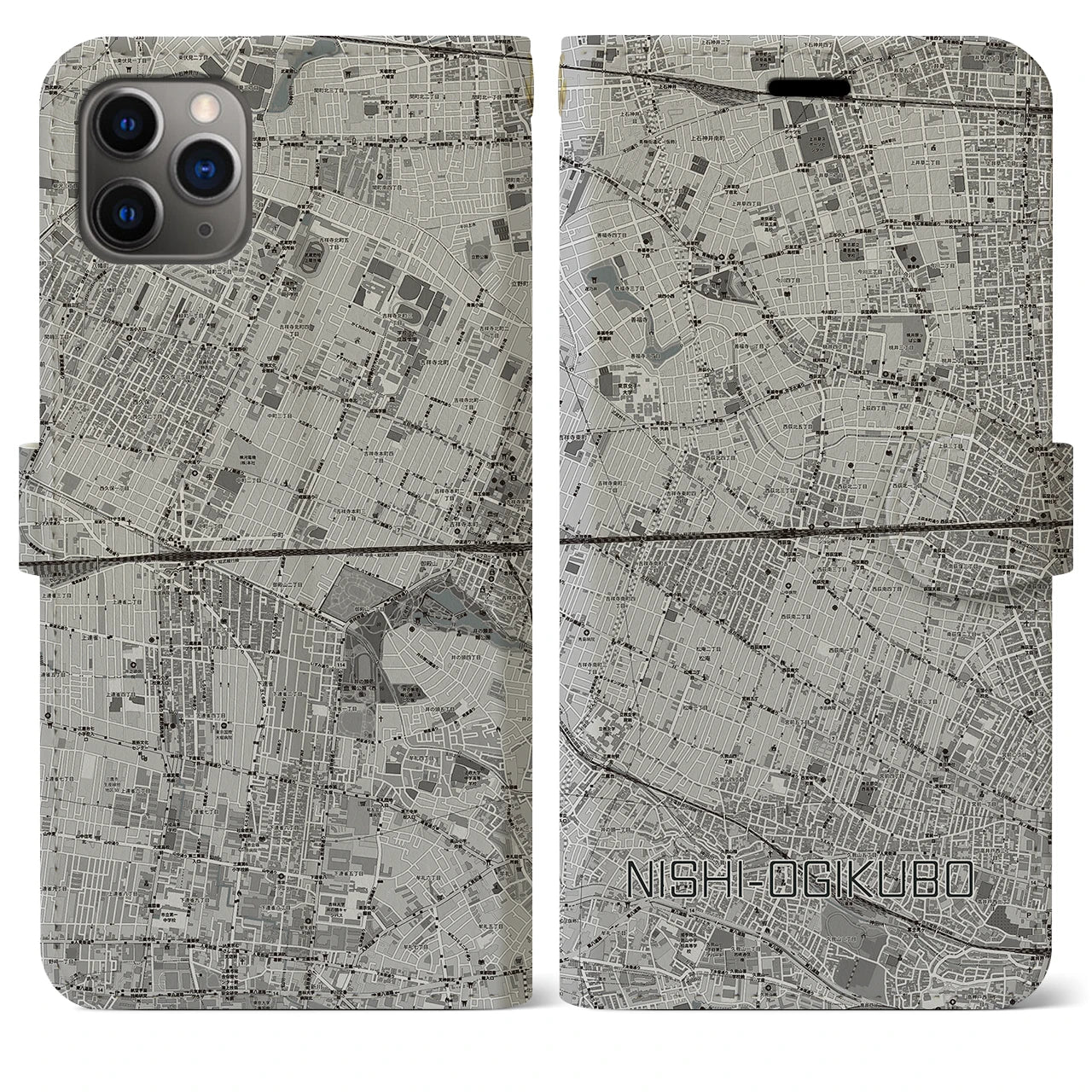 【西荻窪2(東京都)】地図柄iPhoneケース(手帳タイプ)モノトーン・iPhone 11 Pro Max 用