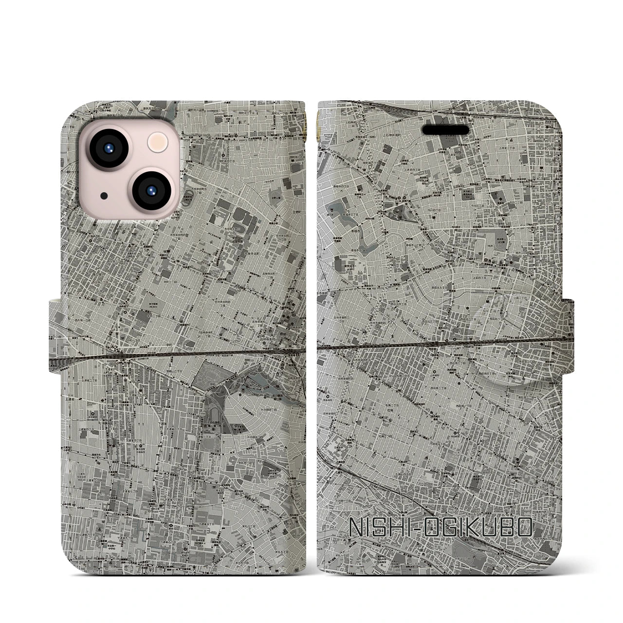 【西荻窪2(東京都)】地図柄iPhoneケース(手帳タイプ)モノトーン・iPhone 13 mini 用